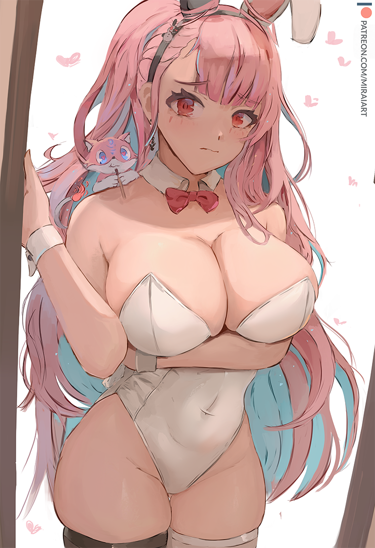 1girls, 2022, artist signature, blush, bowtie, breasts, bunny ears, bunny girl, bunnysuit, cleavage, detached collar, embarrassed, female, female only, highleg leotard, hips, huge breasts, leotard, long hair, miraihikari, original, original character, pink hair, png, red eyes, simple background, skindentation, slim waist, thick thighs, thighhighs, thighs, wide hips