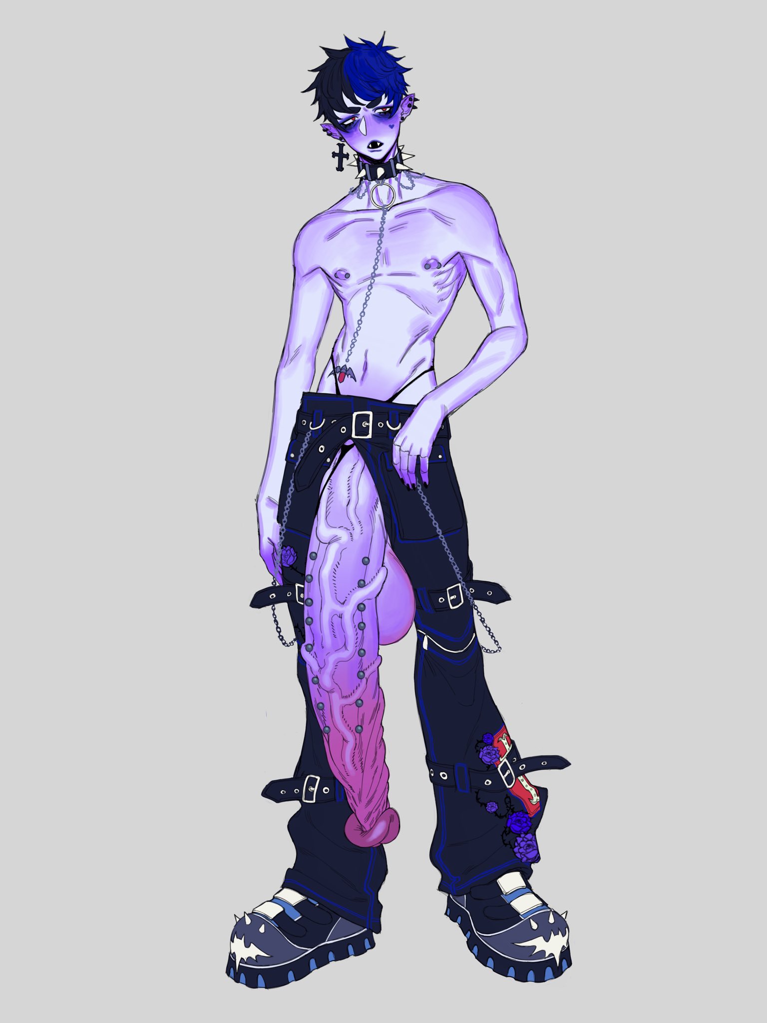 balls, gay, goth, goth boy, huge balls, huge cock, hyper, hyper penis, kiwi pug, long penis, male, male only, penis, penis out, pierced genitals, pierced penis, piercing, piercings, purple skin, vampire
