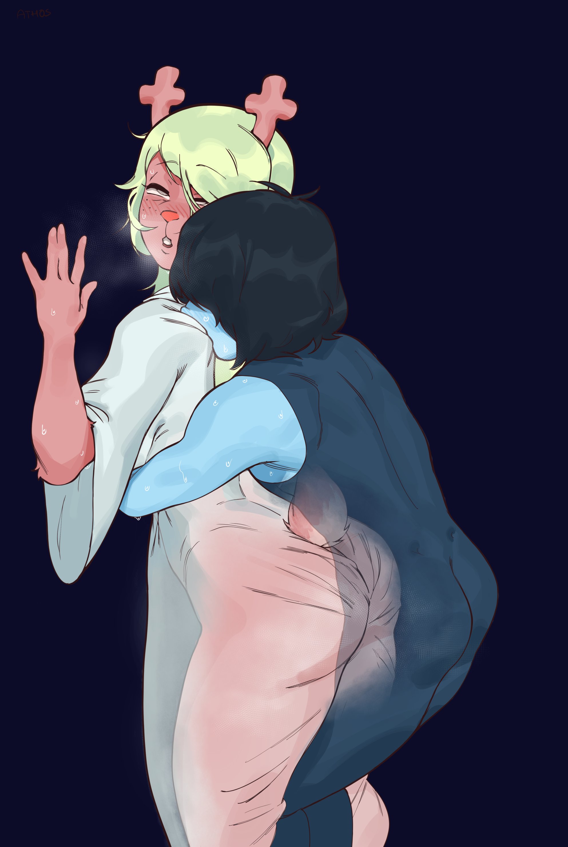 1boy, 1girls, ahe gao, ahegao, ahegao face, ambiguous penetration, ass, athos, athosart, bare shoulders, black background, black hair, black-haired male, blonde hair, blonde-haired female, blondie, blue hair, blush, blush lines, blushing face, breath, breath cloud, breathing, dark background, deer, deer girl, deer horns, deer tail, deltarune, dstraight sex, eyes up, female, grey eyes, grey-eyed female, hair, half-closed eyes, horns, hugging, hugging from behind, human male on anthro female, human on anthro, kissing shoulder, kris (dark world form), kris (deltarune), male, mouth, mouth open, no panties, no panties under dress, noelle holiday, noelle holiday (dark world form), open mouth, penetration through clothes, pleasure face, pleasured, pleasured face, pleasured female, see through clothing, see-through, see-through clothing, see-through dress, sex, sex through clothes, short hair, short male, simple background, skintight bodysuit, skintight clothing, standing, straight, sweat, sweating, sweaty, sweaty arms, tail, taller female, thick thighs, thighs, transparent body, transparent clothing, transparent dress, visible breath