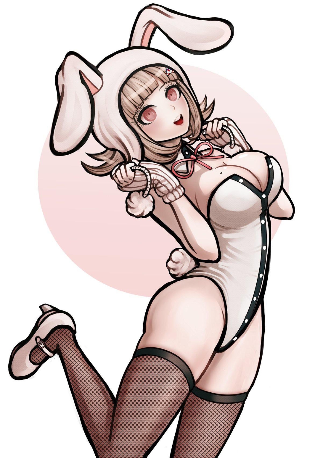 1girls, breasts, bunny ears, bunnysuit, cleavage, danganronpa, danganronpa 2: goodbye despair, female, female only, fingerless gloves, fishnet stockings, happy, heels, jumping, ktokei, light skin, looking at viewer, mole, mole on breast, nanami chiaki, pink hair, smile, smiling, smiling at viewer, solo, stockings, straight hair, thighhighs