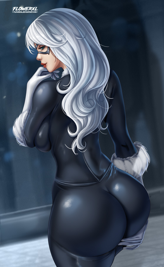 1girls, ass, big ass, black cat (marvel), breasts, felicia hardy, female, female only, flowerxl, long hair, marvel, marvel comics, solo, spider-man (series), white hair