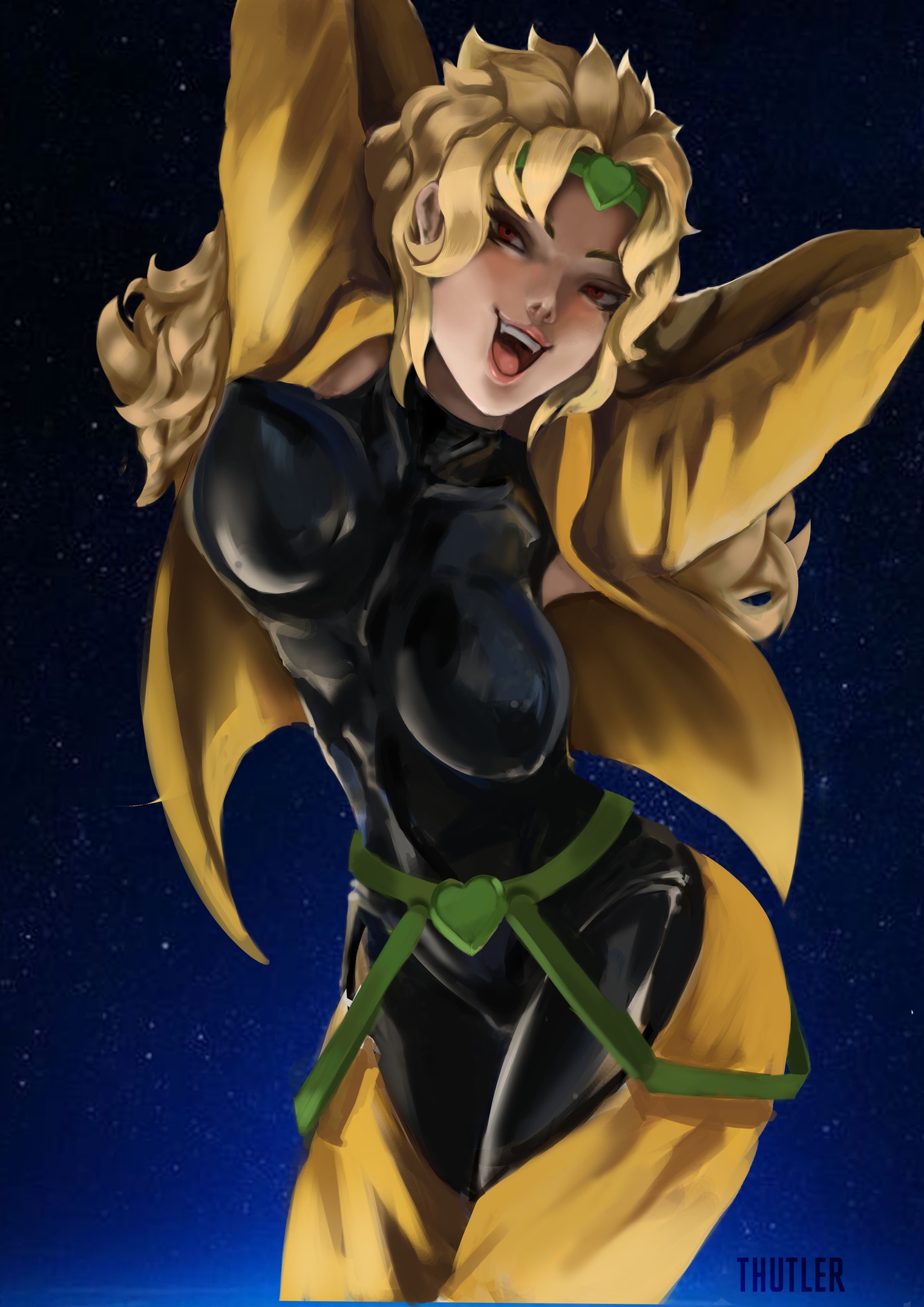 1girls, blonde hair, breasts, dio brando, female, female dio, humanoid, jojo's bizarre adventure, latex suit, light skin, light-skinned female, open jacket, open mouth, orange eyes, posing, rule 63, seductive, shounen jump, skin tight, slim, solo, stardust crusaders, tagme, thutler, vampire, villainess, yellow clothing