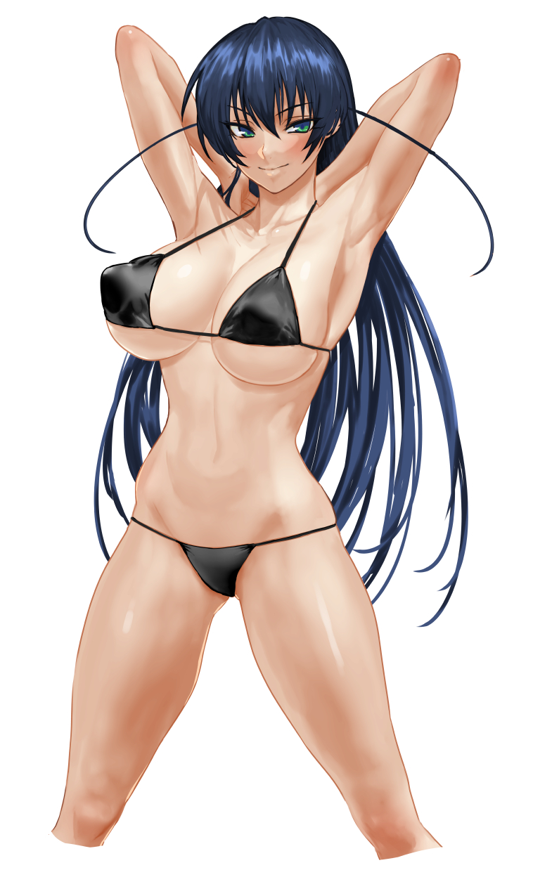 aqua eyes, armpits, arms behind head, arms up, bikini, black bikini, blue hair, blush, breasts, cleavage, closed mouth, commentary, covered erect nipples, cropped legs, eyebrows visible through hair, feet out of frame, female, hair between eyes, highres, hohahiida, igawa asagi, large breasts, legs apart, long hair, looking at viewer, navel, puffy nipples, simple background, smile, solo, standing, stomach, string bikini, swimsuit, taimanin (series), taimanin asagi, thighs, v-shaped eyebrows, white background