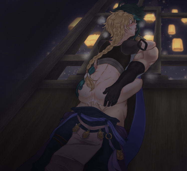 aether (genshin impact), anal, anal sex, artist request, ass, carrying partner, cum, cum in ass, gay, genshin impact, male, male only, male/male, standing, xiao (genshin impact)