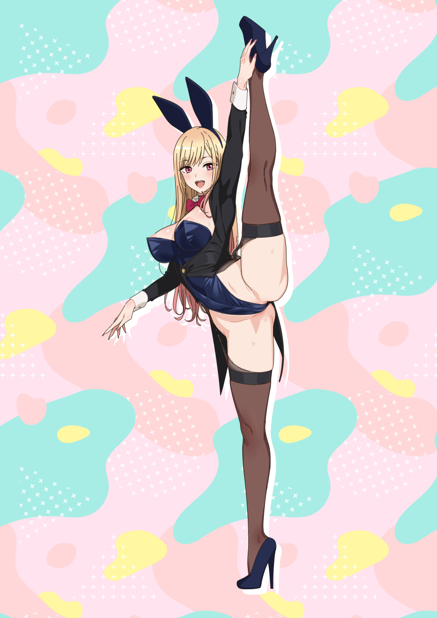 1girls acrobatics arm_up bangs black_high_heels black_stockings blonde_hair blush bow bowtie bunny_ears bunny_girl bunnysuit fake_animal_ears female female_focus fringe gyaru high_heels highleg highleg_leotard kitagawa_marin large_breasts leg_up leotard light-skinned_male long_fingernails long_hair looking_at_viewer looking_pleasured ogre_(illustogre) open_mouth pale-skinned_female petite piercing pink_eyes pink_hair pink_nails solo_female sono_bisque_doll_wa_koi_wo_suru standing standing_on_one_leg standing_split strapless strapless_leotard sweat teenager thick_thighs thighhighs thighs two_tone_hair uncensored