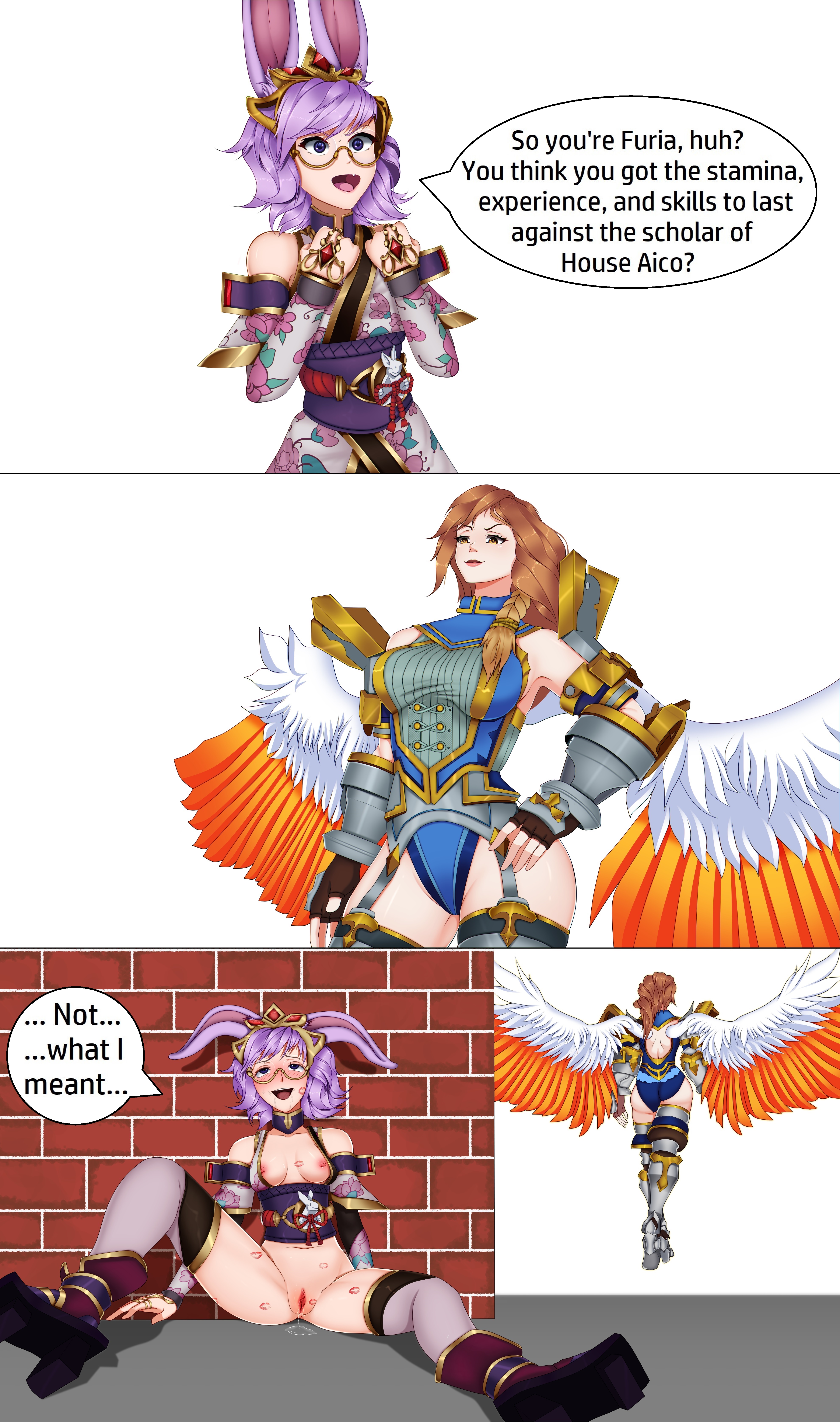 2d, 2girls, ahe gao, angel, angel wings, blush, breasts, brown hair, bunny ears, comic, darakq4, drooling, exposed breasts, eyes rolling back, female, furia (paladins), glasses, implied sex, instant loss 2koma, kimono, kiss mark, multiple females, multiple girls, open mouth, paladins, pleasure face, purple eyes, purple hair, pussy, pussy juice, pussy juice puddle, rei (paladins), small breasts, smirk, sweat, thick thighs, thighs, yellow eyes, yuri