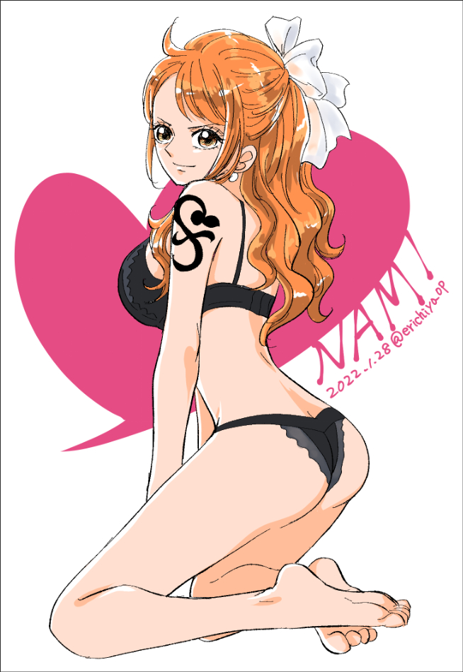 1girls, arm tattoo, ass, big breasts, black tattoo, black underwear, bra, breasts, brown eyes, curvy, curvy female, ear piercing, erichiyo op, female, female only, hair ribbon, heart, long hair, looking back, looking over shoulder, nami (one piece), one piece, orange hair, orange-haired female, panties, ponytail, smile, solo, tattoo, twitter username, underwear