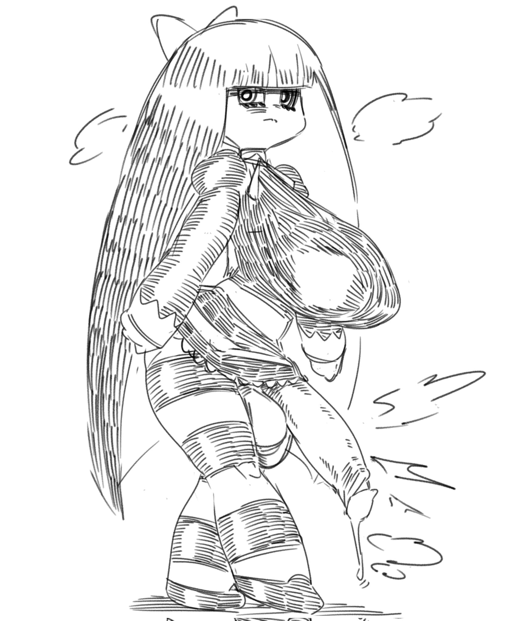 1futa, balls, bottomwear, breasts, clothed, clothing, erection, futa only, futanari, gigantic penis, huge breasts, huge cock, human, intersex, khentaiu, legwear, monochrome, mostly clothed, panty & stocking with garterbelt, penis, precum, sketch, solo, standing, stocking anarchy, topwear