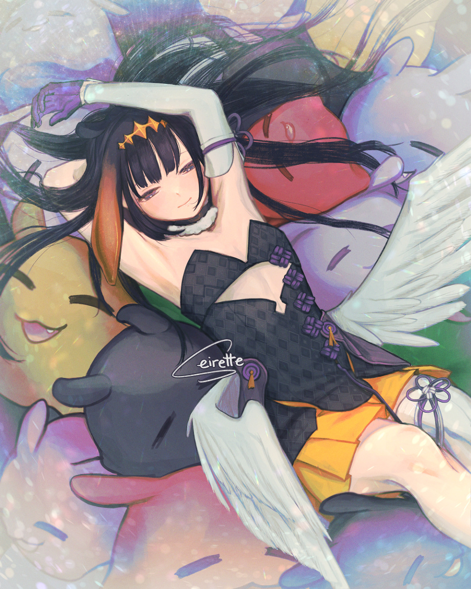 1girls angel_wings armpit armpits arms_above_head armwear diadem dress fan_mascot_(vtuber) female female_focus female_only flat_chest flat_chested gloves highres hololive hololive_english hololive_myth light-skinned_female light_skin long_hair looking_at_viewer low_wings lying lying_on_back multicolored_hair ninomae_ina'nis orange_hair pale-skinned_female pale_skin purple_eyes purple_hair seirette skirt small_breasts stockings tako_(ninomae_ina'nis) thick_thighs tiara very_long_hair virtual_youtuber wings