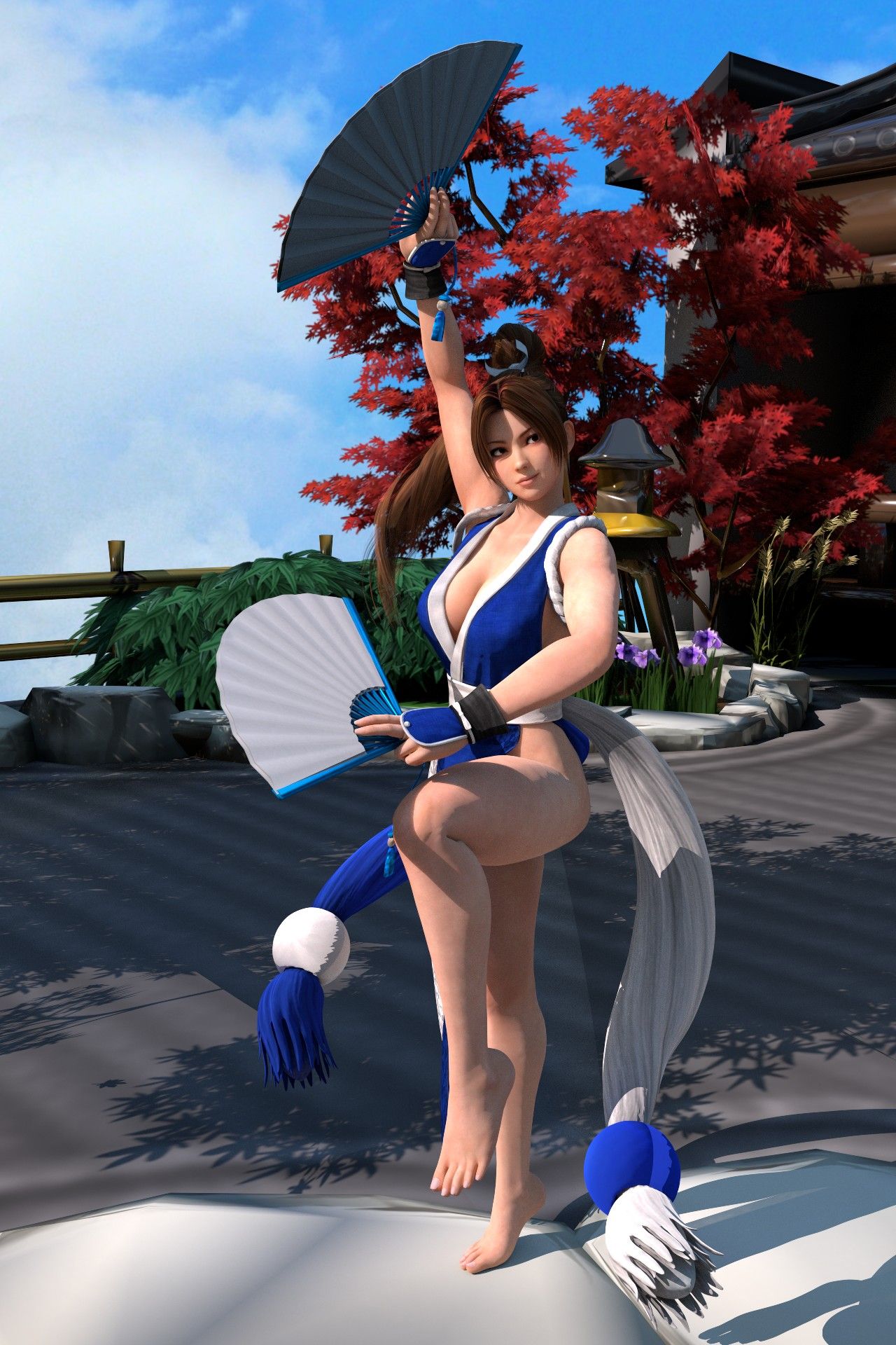 1girls 2:3 3d artist_request bare_arms bare_legs barefoot big_thighs blue_outfit brown_eyes brown_hair cleavage clouds fan fatal_fury feet female female_only fence flowers king_of_fighters large_breasts long_hair mai_shiranui outdoors outside ponytail snk solo source_request standing standing_on_one_leg toes tree