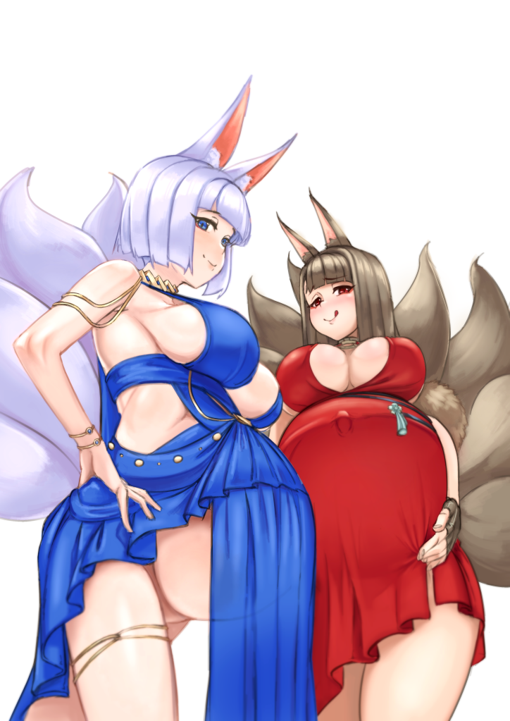 2girls akagi_(azur_lane) akagi_(ruby-laced_beauty)_(azur_lane) akeggle alternate_costume animal_ears azur_lane big_breasts blue_eyes bob_cut brown_hair cleavage dress female female_only fox_ears fox_girl fox_tails gold_(metal) hand_on_hip jewelry kaga_(azur_lane) kaga_(exalted_white_wings)_(azur_lane) kemonomimi kitsune licking_lips light-skinned_female light_skin looking_at_viewer low-angle_view multiple_tails no_bra no_panties official_alternate_costume pregnant red_dress red_eyes sakura_empire_(azur_lane) sideboob silver_hair smile thigh_strap