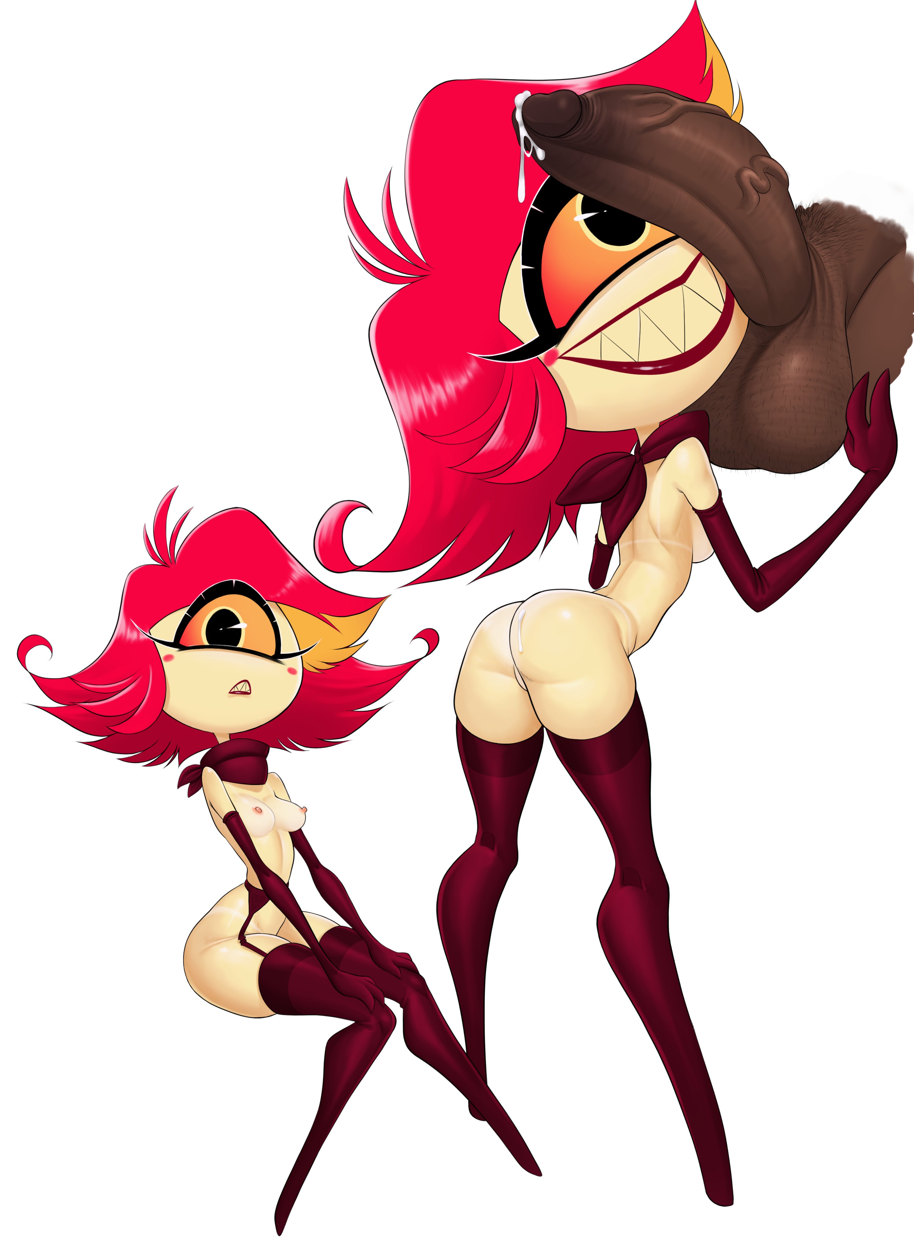 1girls, absurd res, big penis, breasts, cum, cyclops, dark skin, dark-skinned male, disembodied penis, female, female focus, hazbin hotel, luenartt, male, naked, niffty, penis, penis on face, small body, small breasts, smooth skin, white background