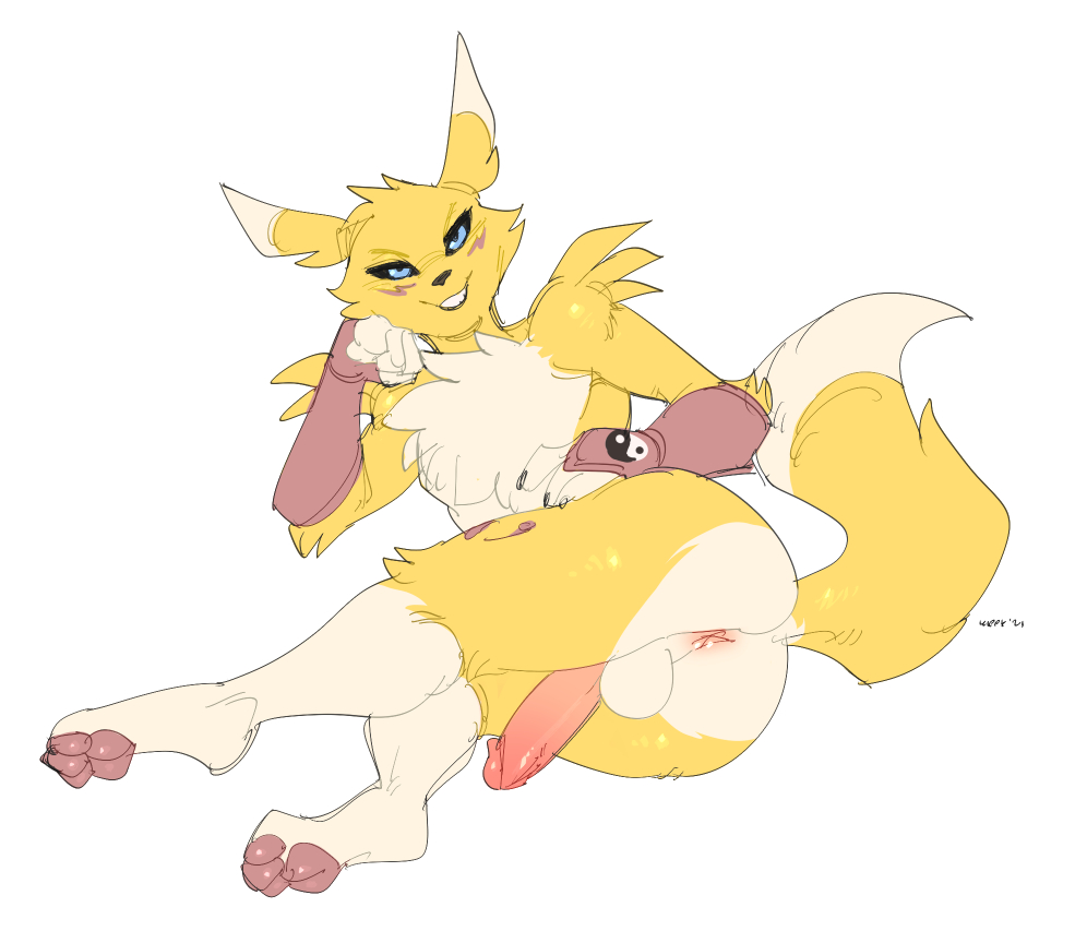 1boy 2021 anthro anus ass balls bandai_namco conditional_dnp digimon digimon_(species) digital_media_(artwork) feet fluffy_chest fur genitals kippy looking_at_viewer lying male male_anthro male_only male_renamon on_side pawpads penis renamon simple_background solo tail yellow_body yellow_fur