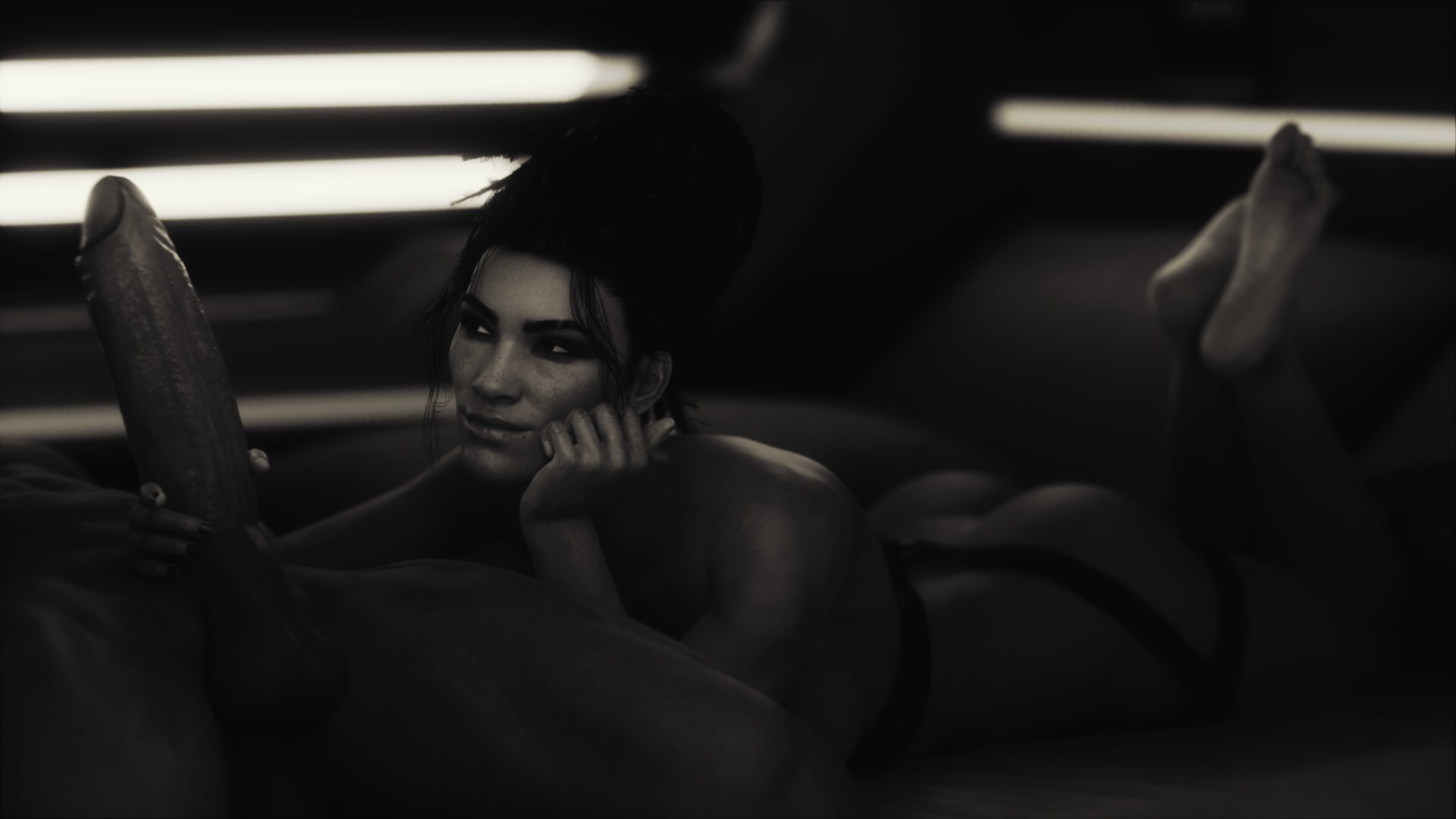 1boy, 1girls, 3d, afro-native, american, ass, athletic, athletic female, bedroom, big penis, black and white, black hair, brown eyes, brown hair, brown-skinned female, cd projekt red, cyberpunk (series), cyberpunk 2077, dark room, dark skin, dark-skinned female, dreadlocks, eyebrow slits, eyelashes, eyeshadow, female, freckles, gigantic penis, hair bun, handjob, imminent oral, large penis, light skin, light-skinned male, long penis, male, mature female, monochrome, native american, oral, panam palmer, penis, seductive eyes, seductive look, seductive mouth, sex, skinny, slim, smile, stephanie23, straight, tied hair