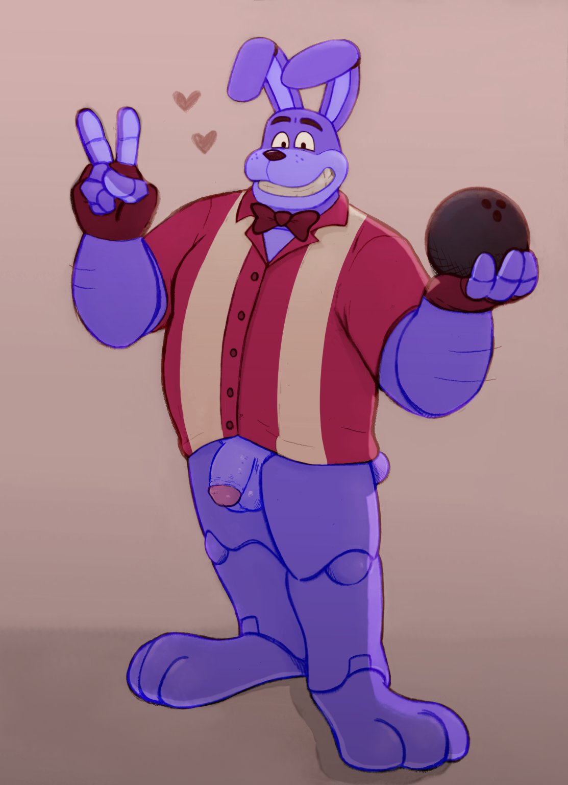 2022 animatronic anthro ball balls black_eyebrows bonnie_(fnaf) bottomless bow_tie bowling bowling_ball bowling_bonnie bowserboy101 clothed clothing collaboration eyebrows fingerless_gloves five_nights_at_freddy's five_nights_at_freddy's:_security_breach flaccid genitals gesture glamrock_bonnie_(fnaf) glass0milk gloves grey_background handwear heart hi_res holding_ball holding_object humanoid_genitalia humanoid_penis lagomorph leporid looking_at_viewer machine male male_only mammal multicolored_body muscular muscular_anthro muscular_male penis polo_shirt purple_body rabbit robot scottgames shirt simple_background smile solo sport standing teeth topwear two_tone_body v_sign video_games