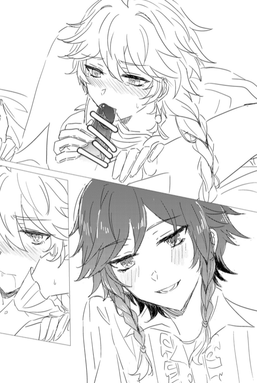 2boys, aether (genshin impact), blowjob, censored, gay, genshin impact, male, male only, venti (genshin impact), yaoi