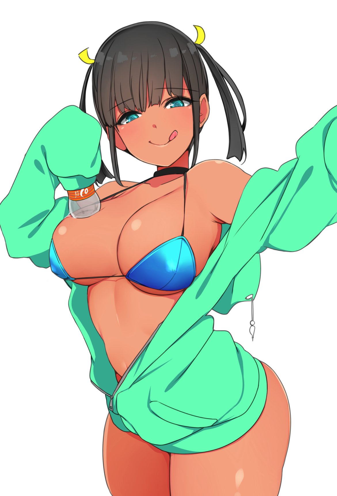 :q bikini black_hair blue_bikini blue_eyes breasts dark-skinned_female dark_skin female green_hoodie heart heart-shaped_pupils highres hood hoodie large_breasts manabebebe original ribbon solo swimsuit symbol-shaped_pupils tongue tongue_out twintails yellow_ribbon