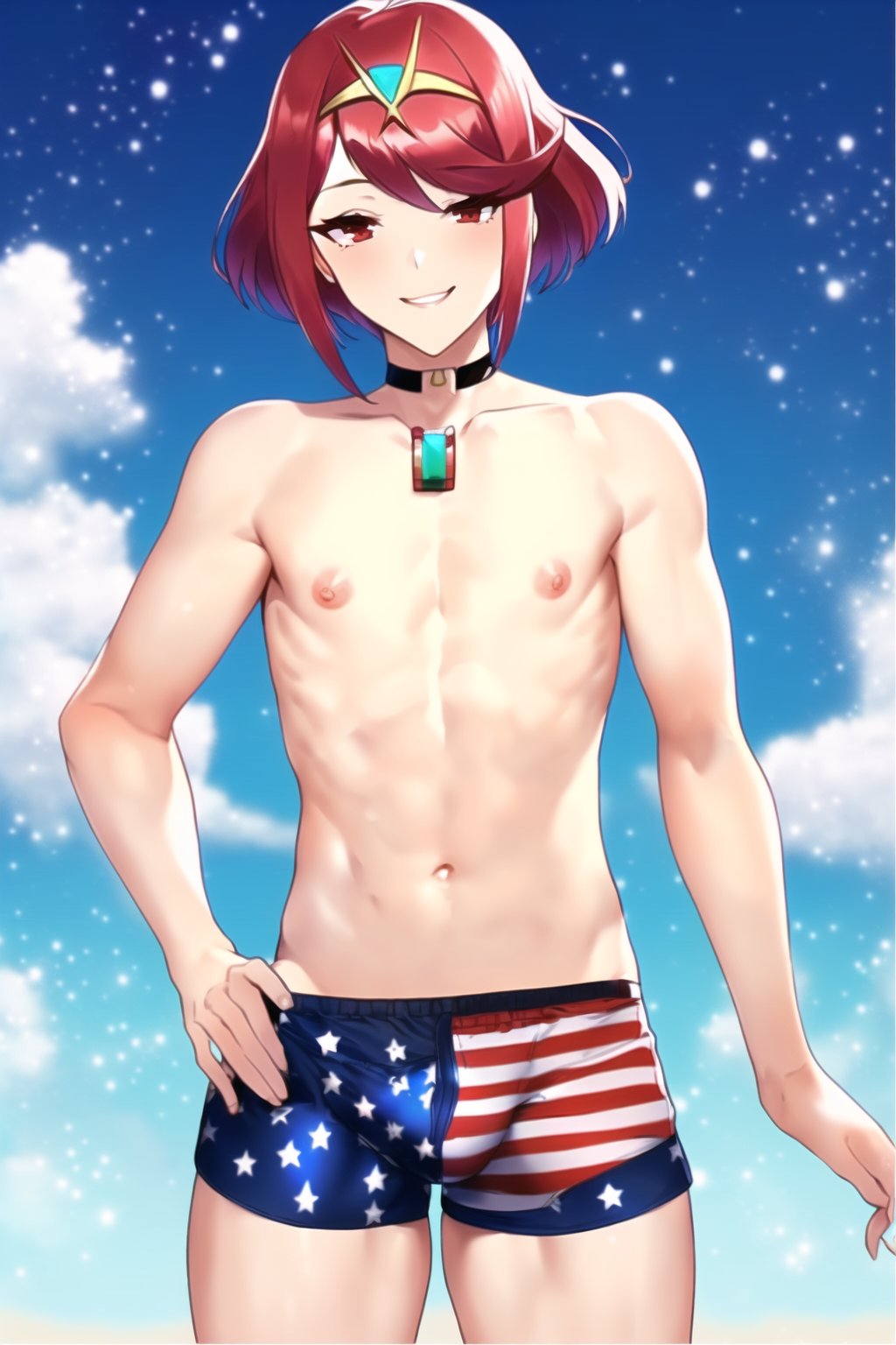 1boy 1femboy ai_generated american_flag androgynous boxers bulge choker femboy feminine_male from_below genderswap_(ftm) girly hair_ornament hand_behind_head looking_down male_only male_swimwear nervous_smile otoko_no_ko partially_submerged pyra robofun rule_63 shorts sissy splashing stable_diffusion swimsuit swimwear tiara trap twink water xenoblade_(series) xenoblade_chronicles_2