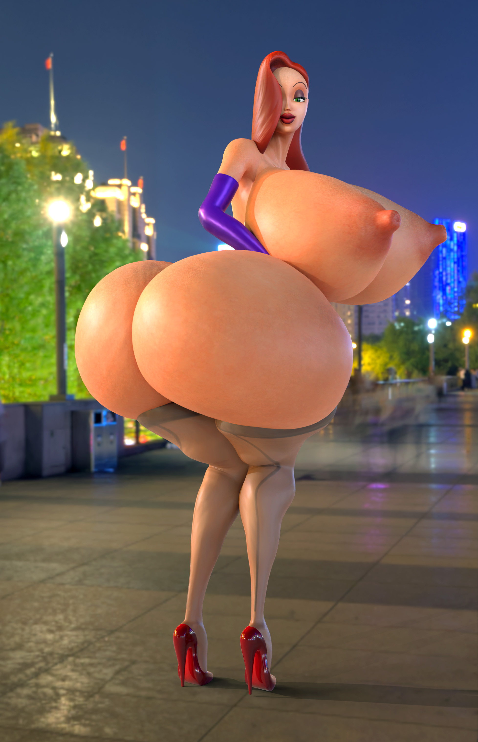 1girls, 3d, ass, blender, breasts, disney, female, female only, green eyes, high heels, huge ass, huge breasts, hyper, hyper ass, hyper breasts, jessica rabbit, large ass, light skin, light-skinned female, nipples, red hair, red lipstick, shiny ass, shiny breasts, shiny skin, shocking (artist), tagme, thick thighs, who framed roger rabbit