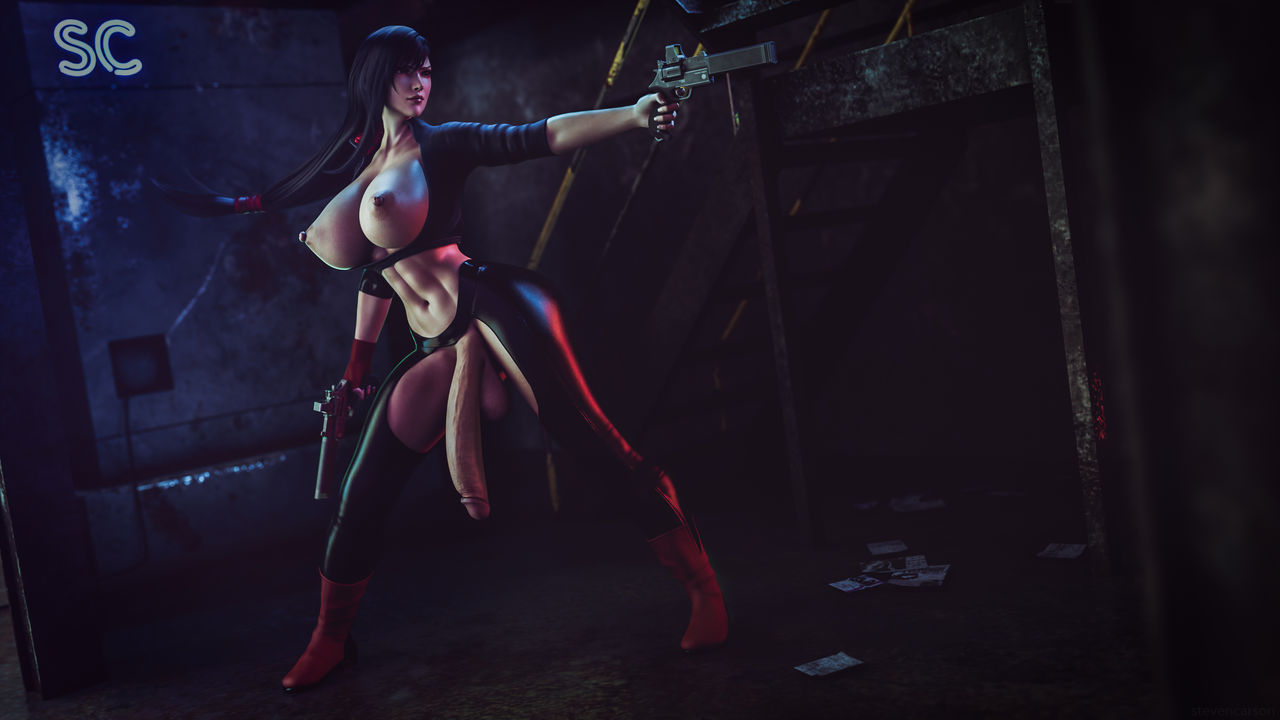 1futa, 3d, balls, bare breasts, big balls, big breasts, big penis, breasts, casual, casual exposure, casual nudity, dissidia, dissidia final fantasy, final fantasy, final fantasy vii, firearm, flaccid, futa only, futanari, gun, handgun, human, intersex, leather clothing, light skin, light-skinned futa, long penis, mostly nude, nude, nude futa, pale skin, penis, penis to the knees, revolver, solo, stevencarson, tifa lockhart, weapon