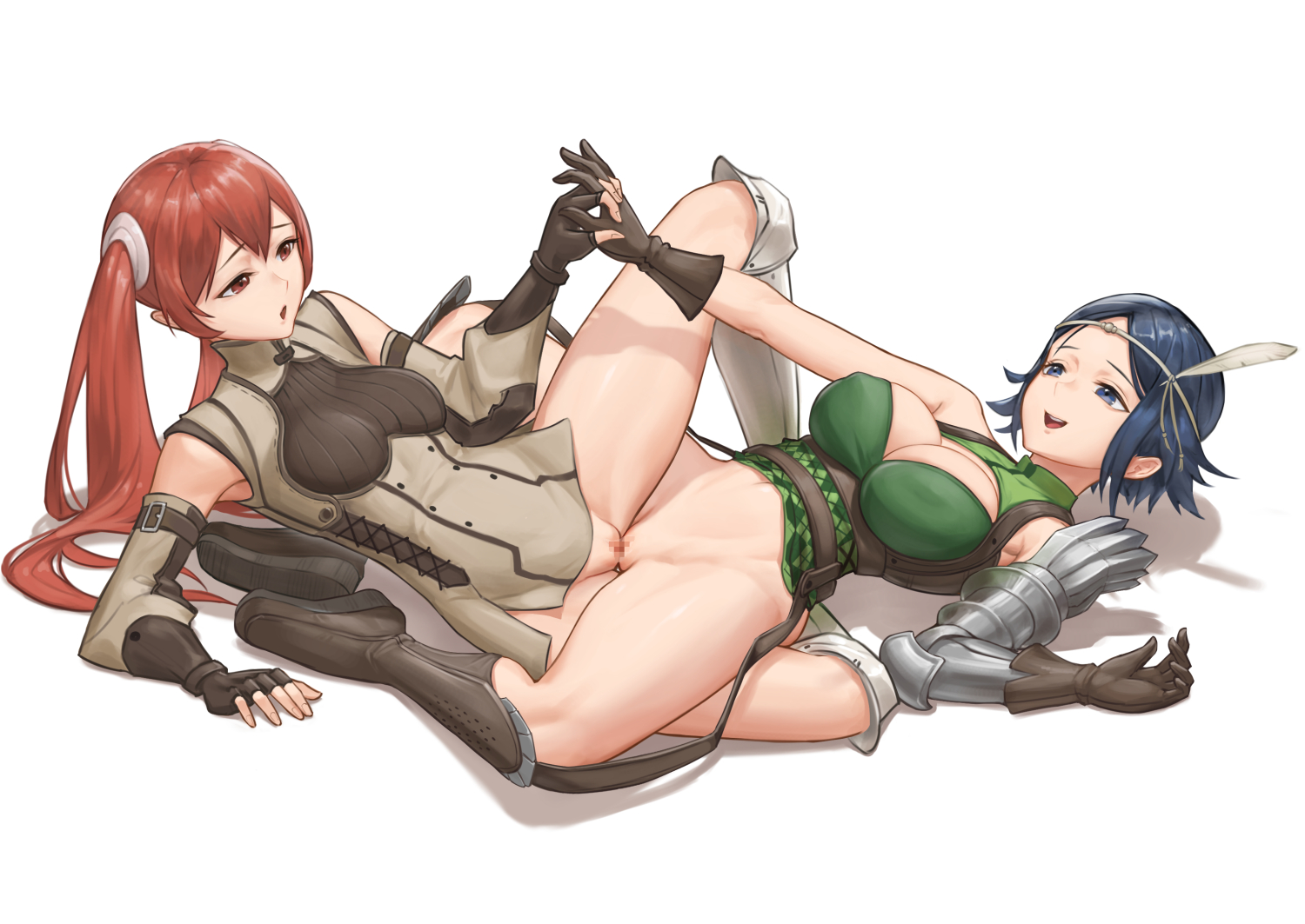 :d, :o, 2girls, arm guards, bare legs, bare shoulders, belt, black gloves, blue eyes, blue hair, boots, bottomless, breasts, censored, circlet, cleavage, cleavage cutout, clothing cutout, commission, corset, detached sleeves, elbow gloves, female, female only, fingerless gloves, fire emblem, fire emblem awakening, framed breasts, full body, gloves, holding hands, interlocked fingers, large breasts, long hair, long sleeves, lying, medium breasts, mosaic censoring, multiple females, multiple girls, nintendo, noire (fire emblem), on back, open mouth, partially clothed, pussy, red eyes, red hair, severa (fire emblem), short hair, simple background, sleeveless, smile, spread legs, tribadism, twintails, very long hair, white background, yuri, zero a