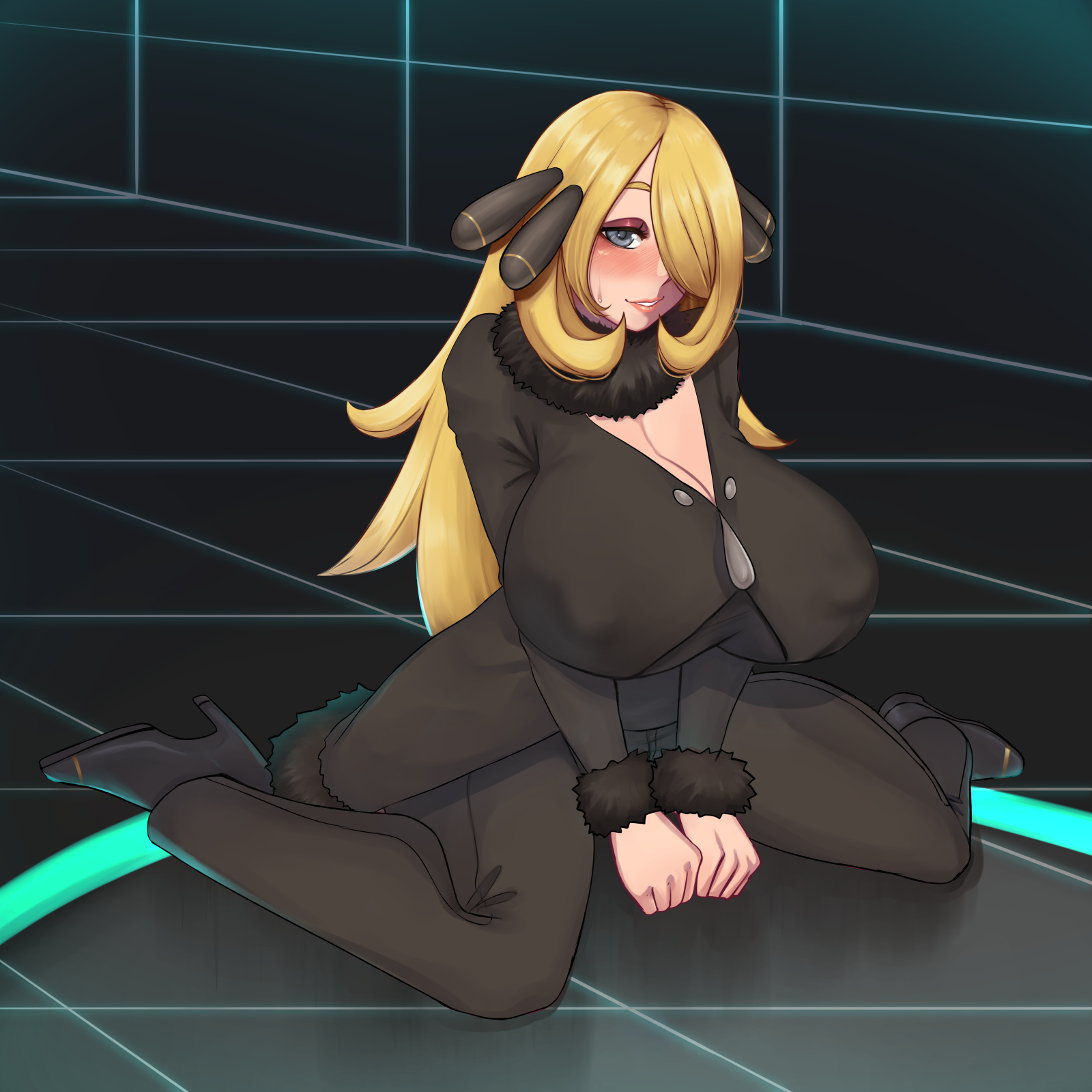 1girls, alternate breast size, big breasts, blindneko99, blonde hair, blush, breasts, cynthia (pokemon), female, fully clothed, hair ornament, huge breasts, long hair, nintendo, nipple bulge, pokemon, pokemon dppt, thighs