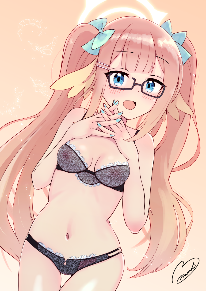 blue_archive blue_eyes bra breasts female fingernails glasses hair_between_eyes hair_ornament halo highres library_committee_(blue_archive) looking_at_viewer milkmochi navel open_mouth orange_background orange_hair shimiko_(blue_archive) signature simple_background small_breasts solo trinity_general_school_student twintails underwear