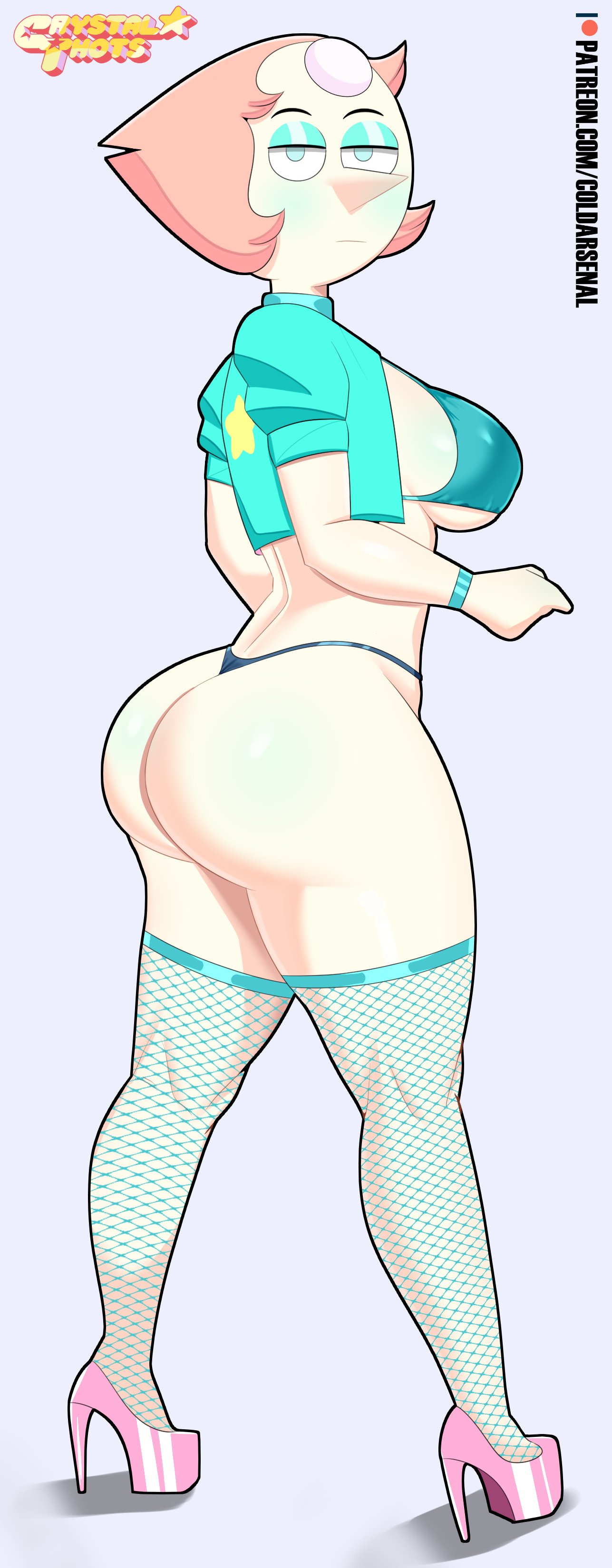 1girls ass ass_focus ass_up bimbo cartoon_network coldarsenal crystal_thots female female_focus female_only fishnet_thighhighs fishnets gem_(species) high_heels huge_ass looking_at_viewer pale-skinned_female pale_skin pearl pearl_(steven_universe) pink_heels platform_heels simple_background solo solo_female solo_focus steven_universe thick_thighs thighhighs wide_hips