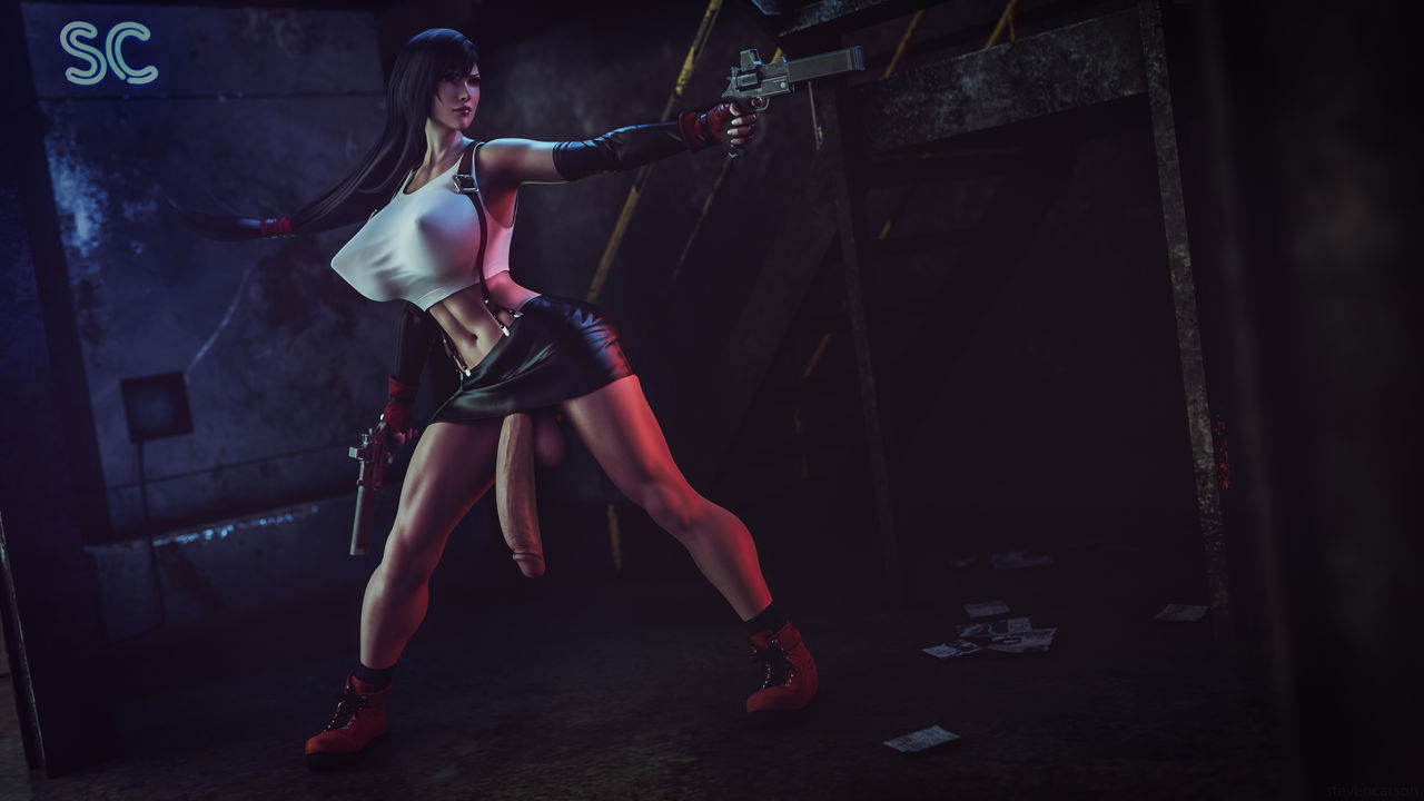 1futa, 3d, balls, balls under clothes, big balls, big breasts, big penis, bottomless skirt, breasts, casual, casual exposure, casual nudity, dickgirl, dissidia, dissidia final fantasy, final fantasy, final fantasy vii, firearm, flaccid, footwear, futa only, futanari, gun, handgun, handwear, human, ineffective clothing, intersex, light skin, light-skinned futa, pale skin, penis, penis out, penis under clothes, penis under skirt, revolver, skirt, solo, stevencarson, tank top, tifa lockhart, weapon, wide hips