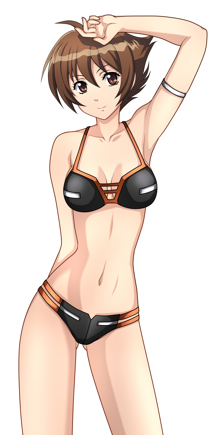 1girls armband ass_visible_through_thighs bikini bikini_bottom bikini_top brown_eyes brown_hair cute mazinger mazinkaiser_skl navel petite pose short_hair small_breasts swimwear white_background yuki_tsubasa