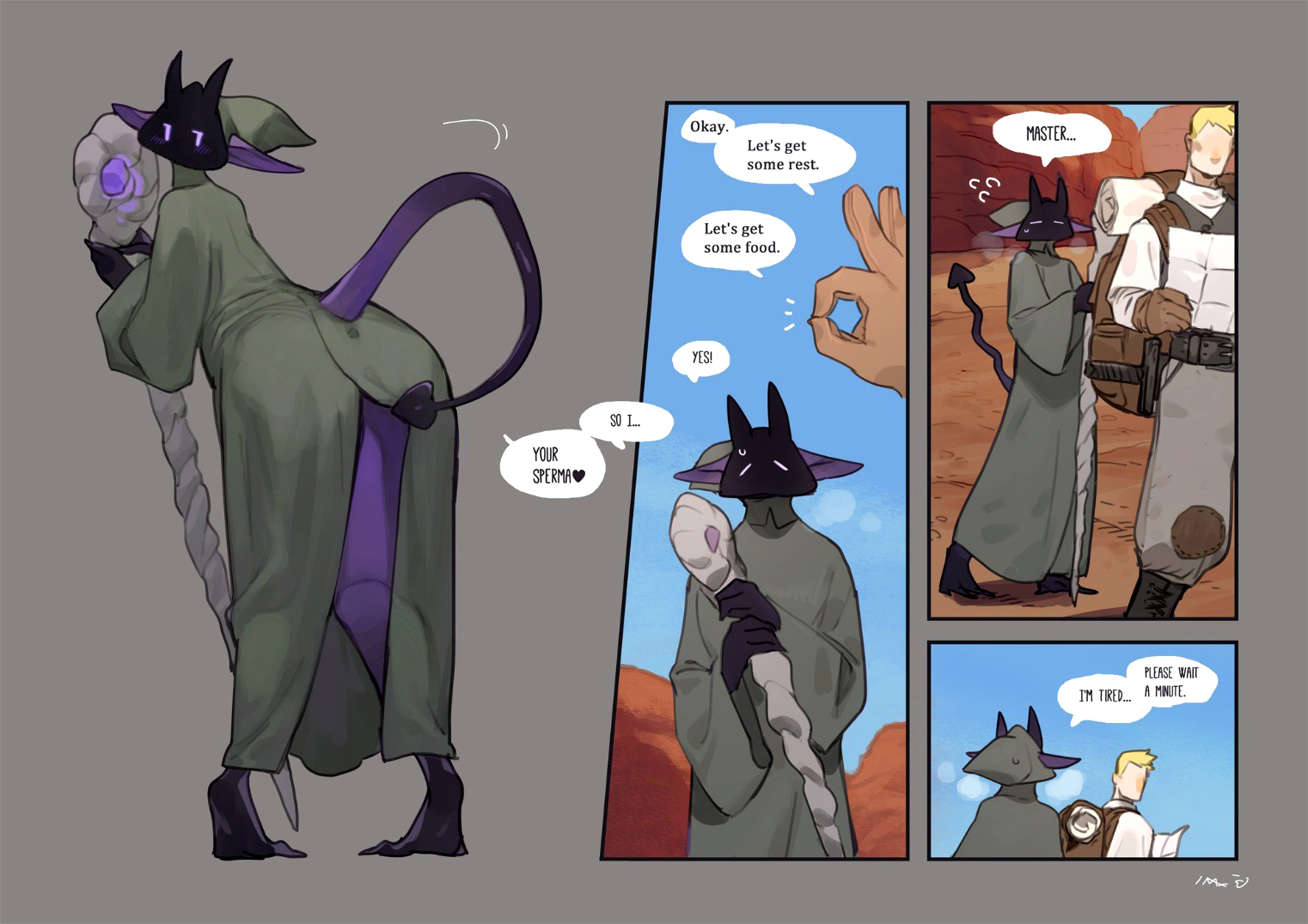 1boy, 1girls, bebebebebe, bent over, blush, comic, demon, demon girl, demon horns, demon tail, dialogue, english text, female, hi res, hooded cloak, horns, human, light skin, light-skinned male, long ears, looking at viewer, looking back, male, merizana, narrowed eyes, obscured face, purple eyes, purple skin, speech bubble, staff, tail