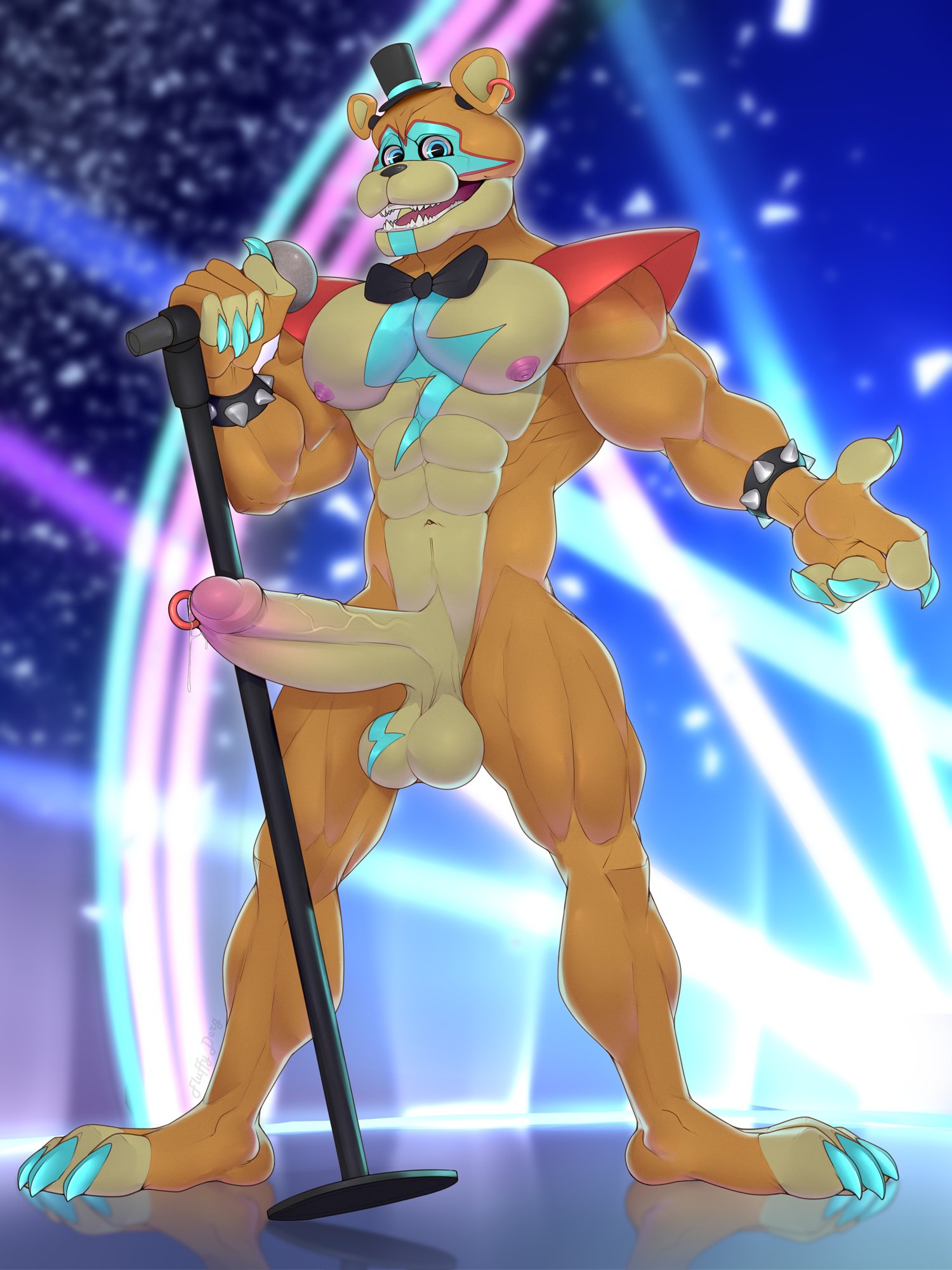 1boy, abs, animatronic, anthro, anthro only, anthrofied, antlers, balls, bear, bear ears, biceps, black nose, blue eyes, blue fingernails, bodypaint, bow tie, bowtie, bracelet, deuzion, ear piercing, earrings, erect penis, erection, facepaint, five nights at freddy's, five nights at freddy's: security breach, glamrock freddy (fnaf), hat, headgear, holding microphone, long penis, looking at viewer, lykansden, machine, male, male focus, male only, muscles, muscular, muscular anthro, muscular male, naked, nipples, open mouth, orange body, orange skin, penis, pierced ears, pierced penis, piercing, robot, sharp teeth, smile, smiling at viewer, solo, solo focus, solo male, spiked bracelet, spikes, tongue, top hat, video games, wide hips