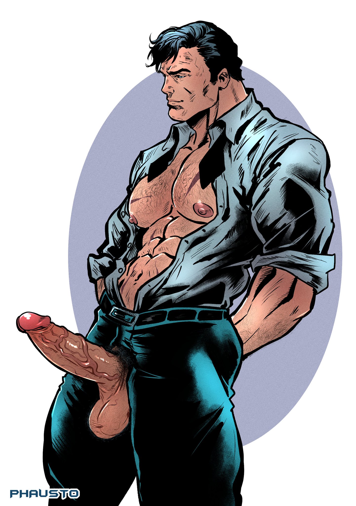 1boy, 2d, abs, artist name, balls, bara, batman, batman (bruce wayne), batman (series), biceps, big penis, black hair, blue eyes, bruce wayne, business suit, cock, dc, dc comics, dick, dilf, erect nipples, exposed nipples, focused, foreskin, fully retracted foreskin, hairy, hairy chest, hands behind back, heavy balls, inviting to sex, justice league, male, male only, monster cock, muscular, naughty face, necktie, nipples, open clothes, open clothing, open shirt, pants, partially clothed, pecs, penis, phausto, presenting penis, proud of his cock, pubic hair, retracted foreskin, scar, smile, solo, solo male, uncensored, uncircumcised, veiny, veiny penis, yaoi, zipper, zipper down