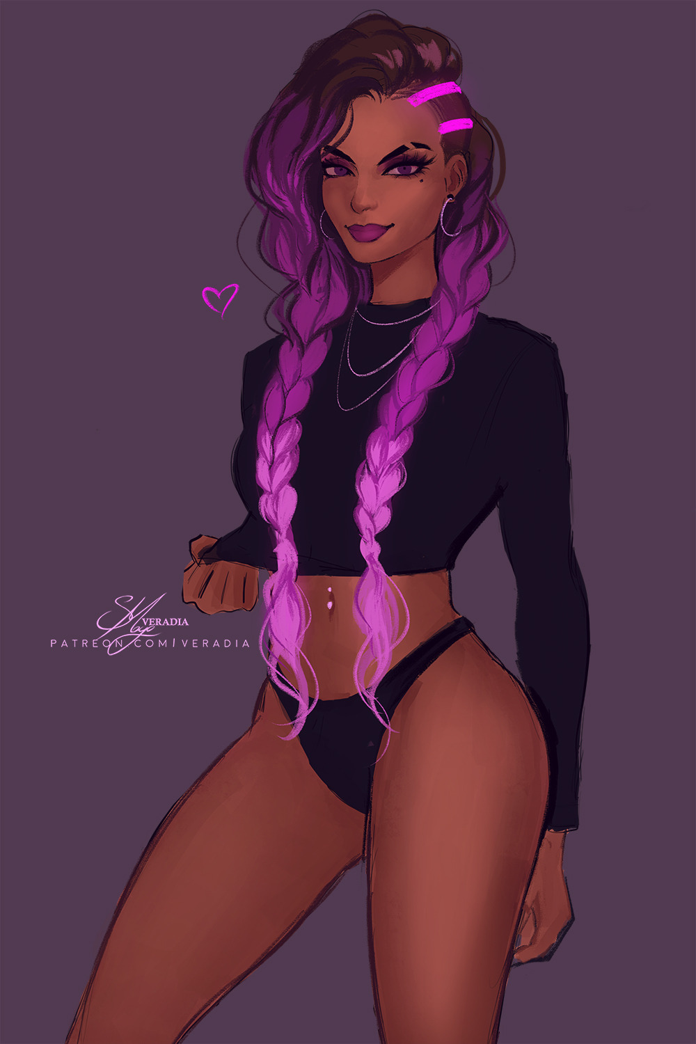 braided_hair dark_skin female heart latina lipstick looking_at_viewer overwatch purple_eyes purple_hair smile sombra sweater veradia