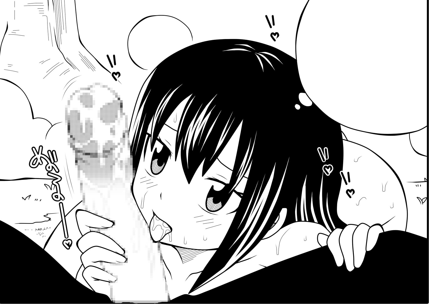 1boy, dmayaichi, fairy tail, female, male, monochrome, nude, nude female, onomatopoeia, penis, penis lick, wendy marvell