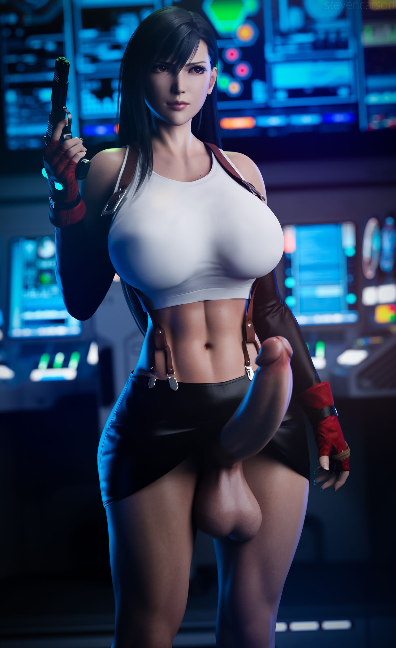 1futa, 3d, balls, big balls, big breasts, big penis, breasts, casual, casual boner, casual exposure, casual nudity, dissidia, dissidia final fantasy, erect penis, erection, final fantasy, final fantasy vii, firearm, futa only, futanari, gun, handgun, human, ineffective clothing, intersex, light skin, light-skinned futa, pale skin, penis, penis under skirt, solo, stevencarson, tank top, tifa lockhart, weapon