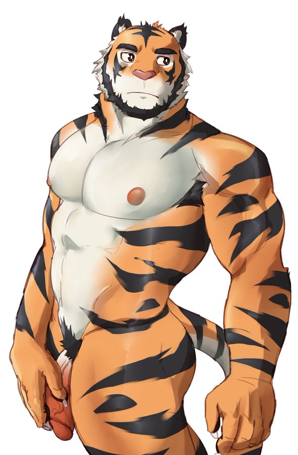 anthro bara beastsauc3 biceps casual_nudity claws claws_out deltoids felid feline fur gay genitals hand_on_penis humanoid_genitalia humanoid_hands humanoid_penis looking_aside male male_only mammal melancholic muscular muscular_anthro muscular_male nipples nude orange_body orange_fur pantherine pecs penis pubes simple_background solo solo_focus striped_body stripes tiger traps vein veiny_penis white_background white_body white_fur