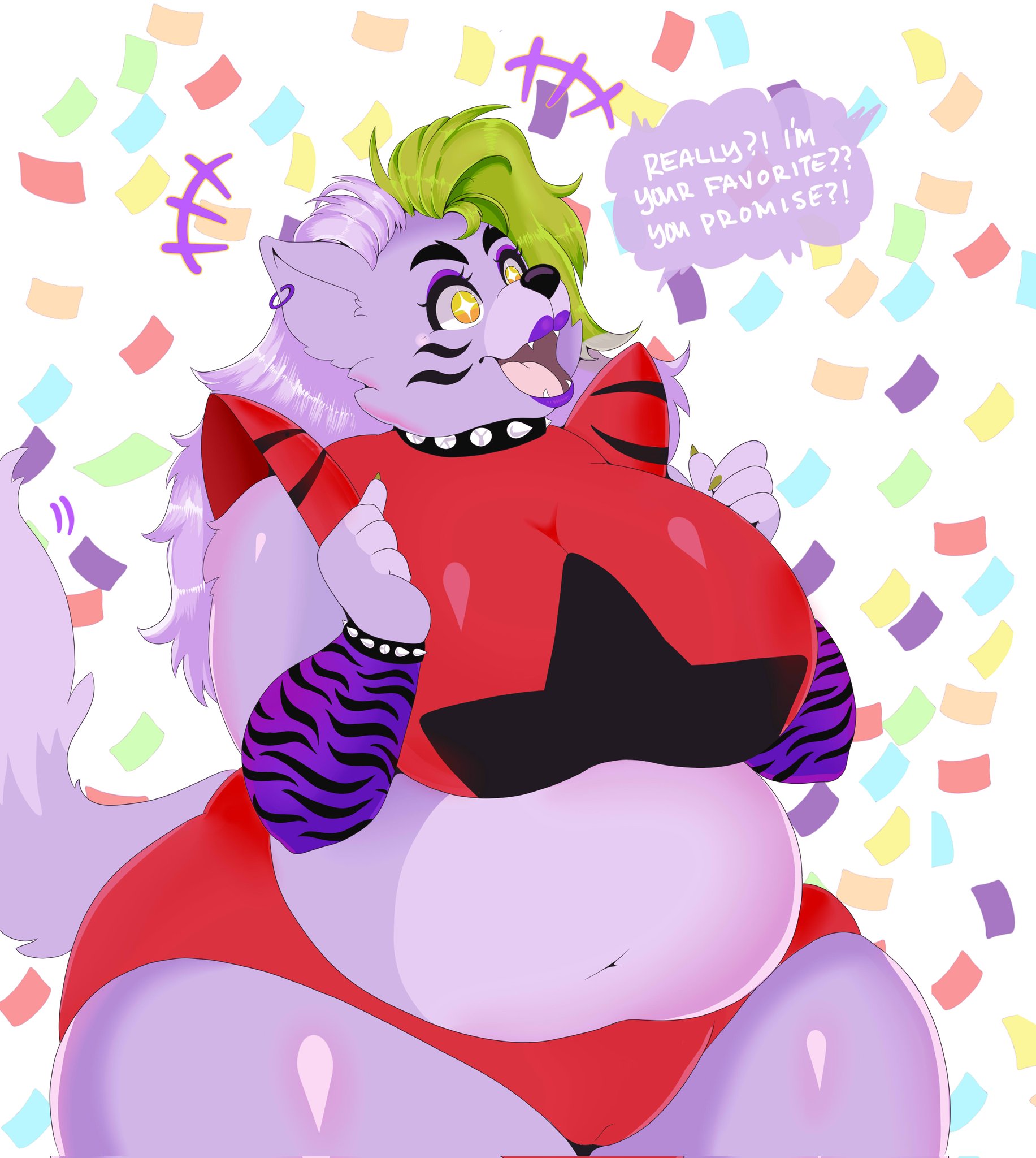 absurd res, animatronic, big breasts, breasts, canid, canine, canis, dialogue, english text, fat, female, female focus, female only, five nights at freddy's, five nights at freddy's: security breach, fur, furry, furry only, hi res, obese, obese female, overweight, overweight female, roxanne wolf (fnaf), solo, solo female, solo focus, tail, text, wolf