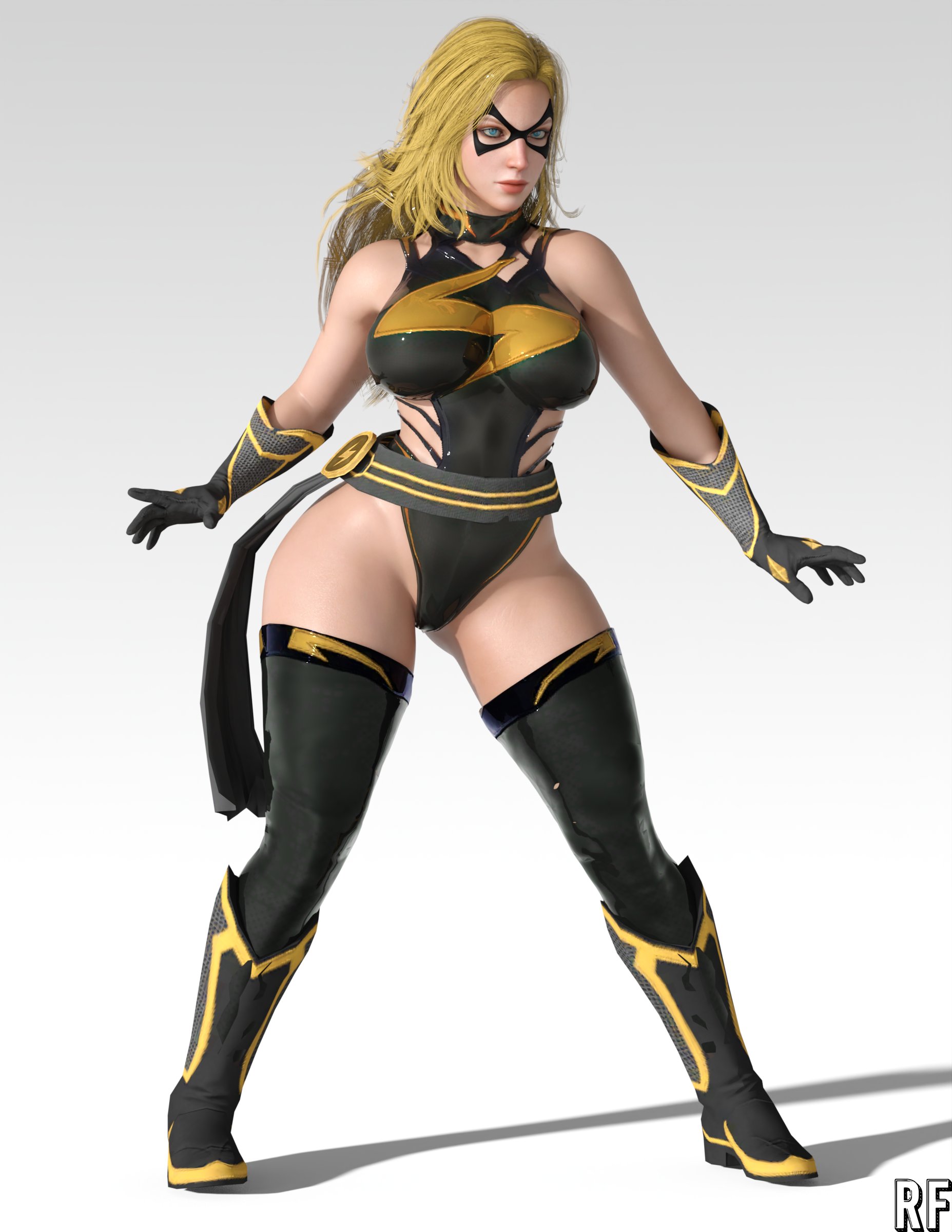 1girls, 3d, absurd res, blonde hair, blue eyes, boots, carol danvers, female, female only, gloves, hi res, marvel, marvel comics, marvel future revolution, mask, ms. marvel, ms. marvel (carol danvers), rude frog, solo, superheroine, thick thighs, thighhighs, thighs, white background, wide hips