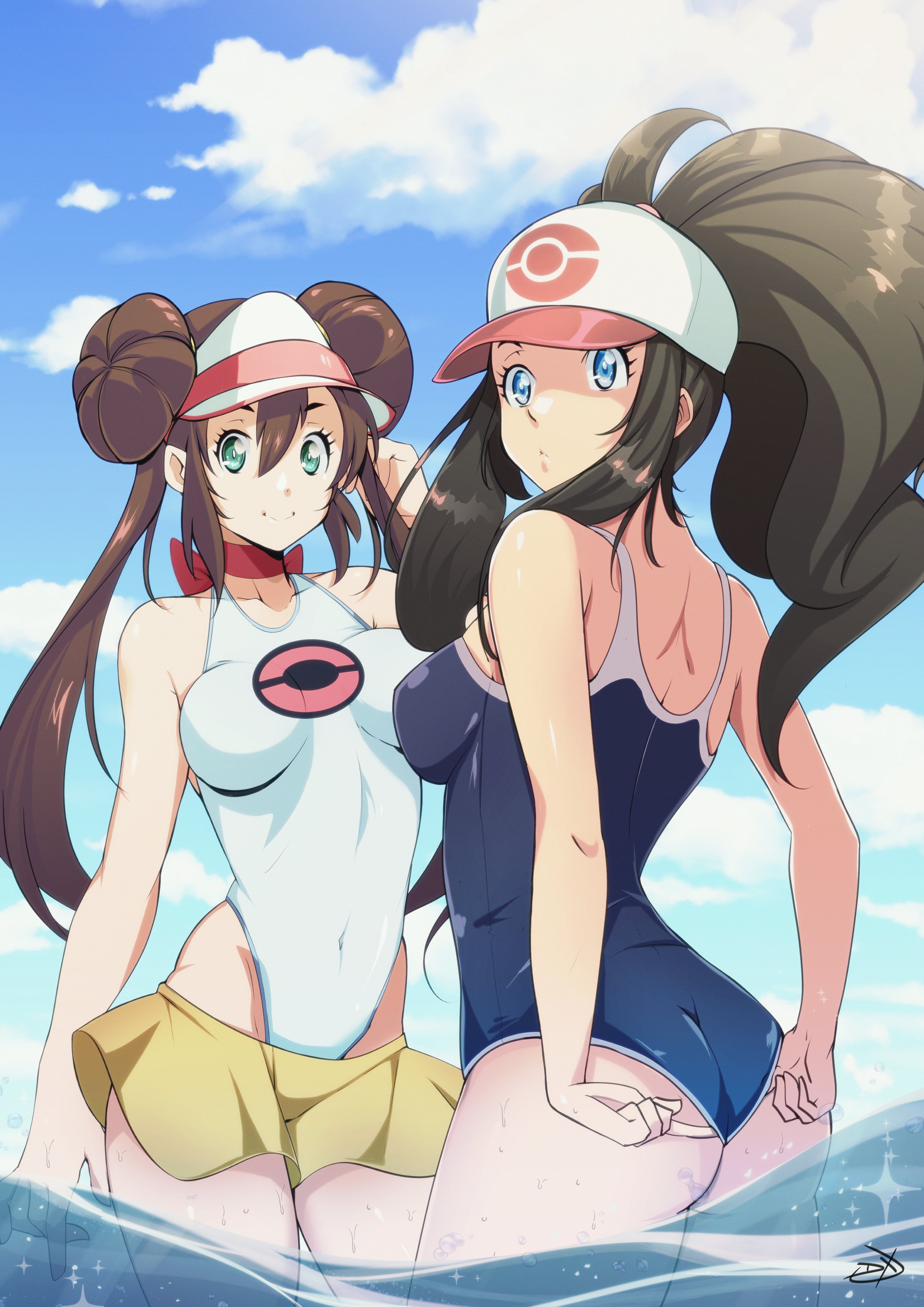 2girls, ass, blue eyes, breasts, brown hair, cap, delux, double bun, female, female only, hat, hilda (pokemon), long hair, nintendo, pokemon, pokemon bw, pokemon bw2, rosa (pokemon), swimsuit, thighs