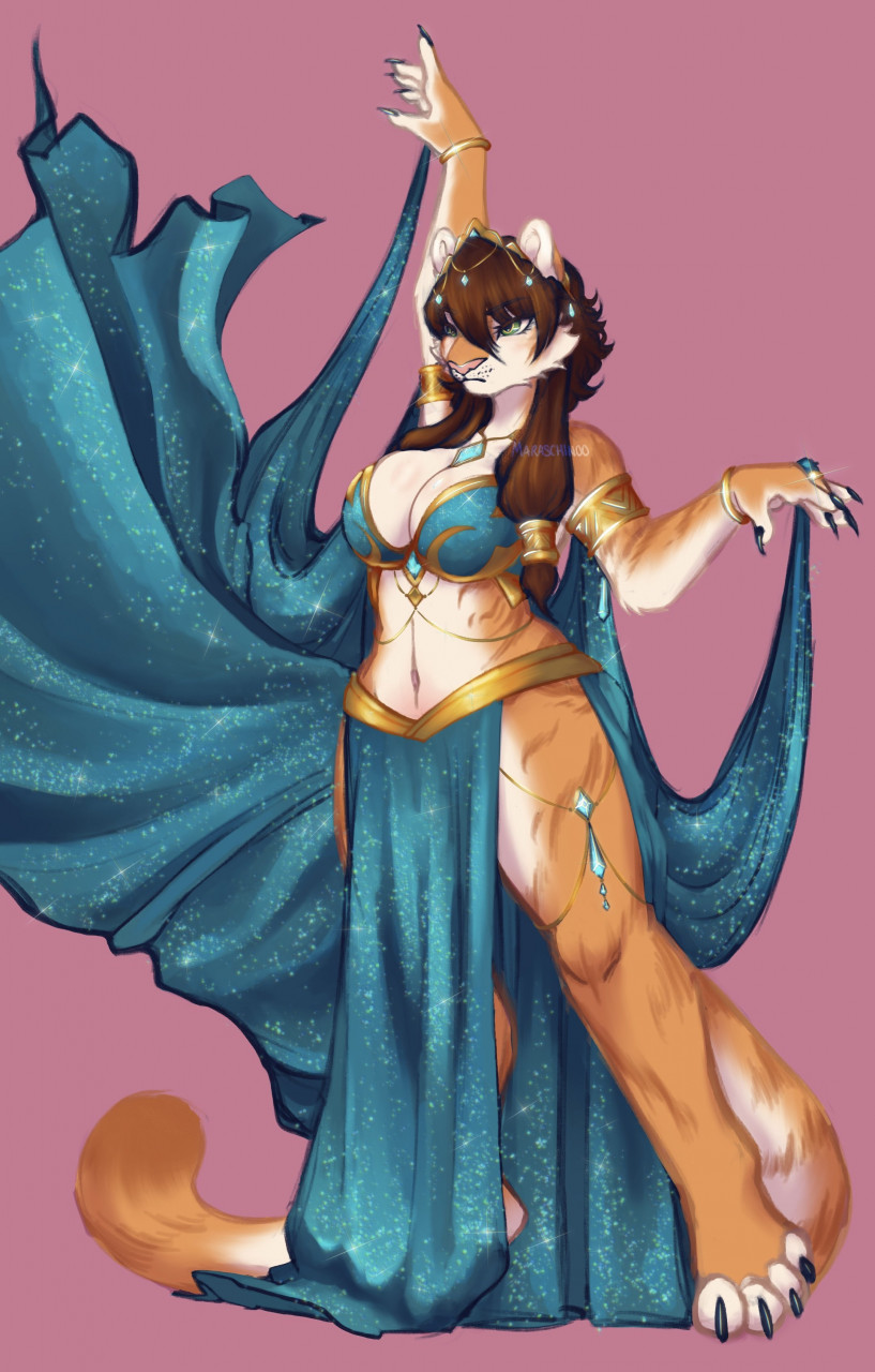 1girls anthro belly_dancer belly_dancer_outfit brown_hair claws cleavage dancer dancer_outfit furry green_eyes harem_girl harem_outfit huge_breasts jewelry jewelry_between_breasts long_hair maraschinoo original original_character thick_thighs tiger_ears tiger_girl tiger_stripes tiger_tail veil