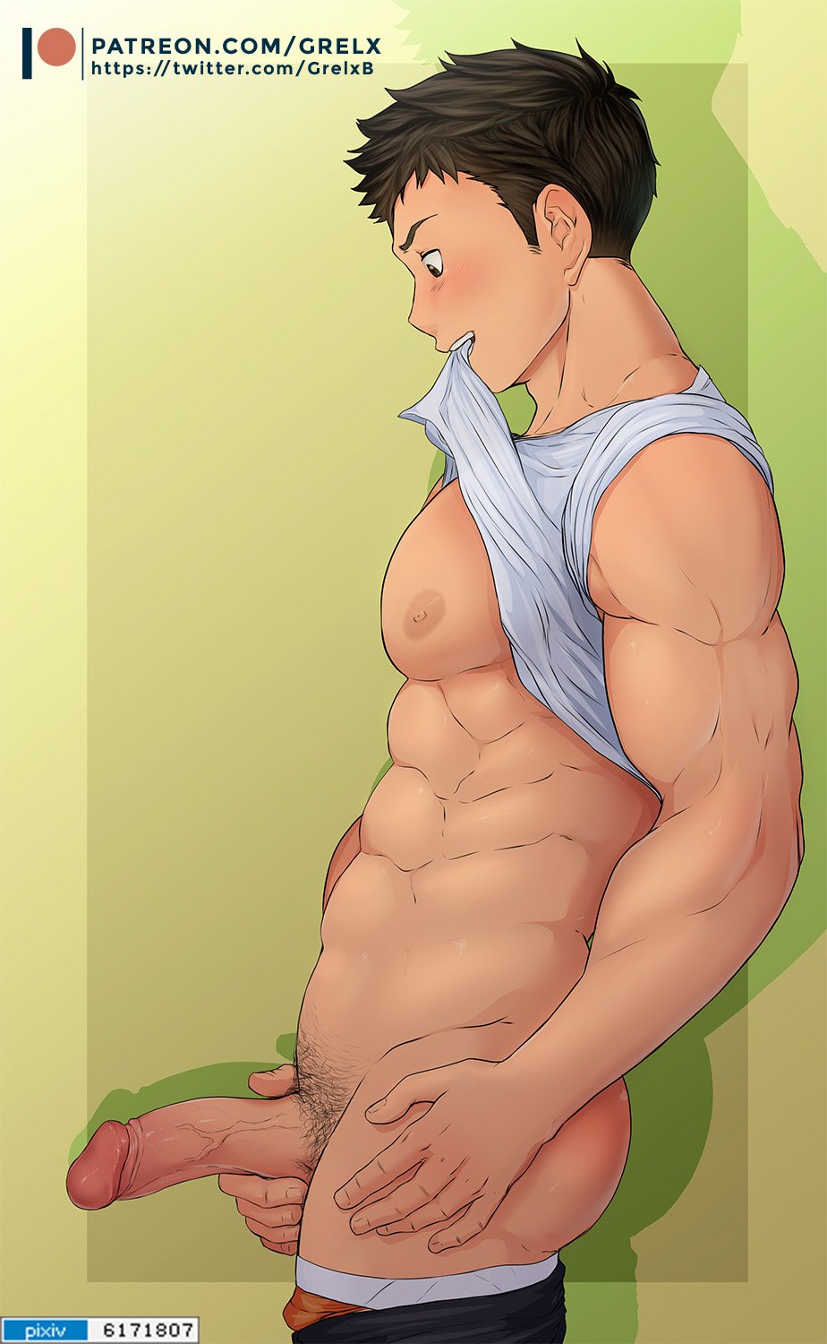 1boy, abs, big pecs, blush, gay sex, grelx, haikyuu!!, male, male focus, male only, sawamura daichi, shirt in mouth, solo, steamy breath, yaoi