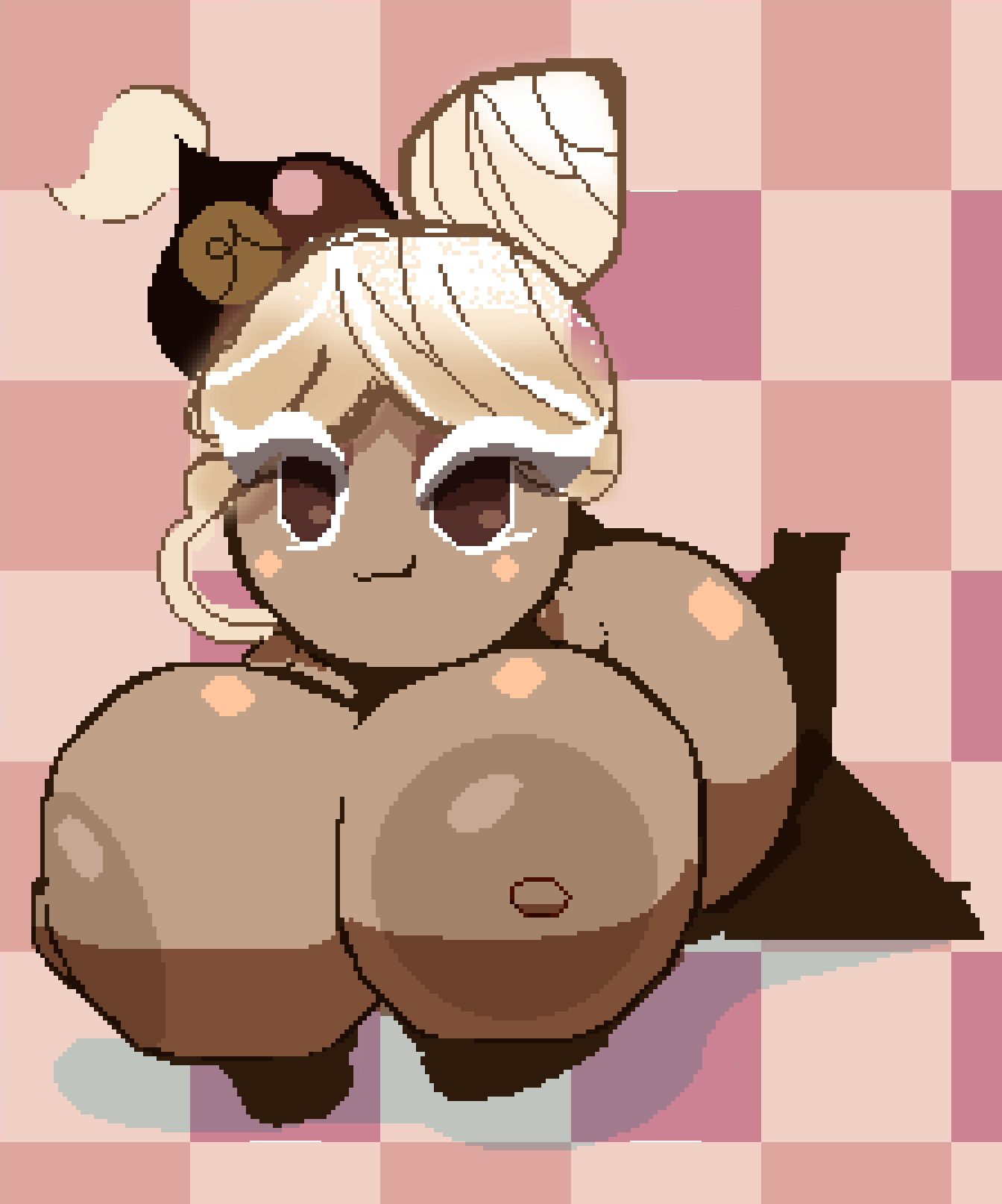 1girls areolae ass big_ass big_breasts blonde_hair breasts brown_eyes brown_skin checkered_background cone_hair_bun cookie_run cookie_run_kingdom cubesmolly cute dark-skinned_female dark_skin eyelashes fat_ass female female_only food_creature gloves hair hat headwear huge_breasts lying lying_down lying_on_stomach mont_blanc_cookie nipples nude pixel_art shortstack simple_background smile solo tan_body tan_skin thighhighs tied_hair voluptuous