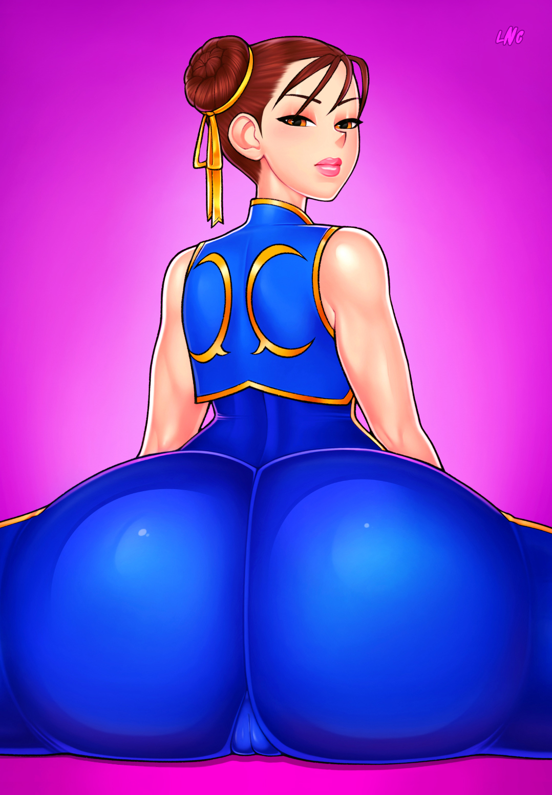 1girls, asian, ass, ass focus, back view, big ass, brown hair, cameltoe, capcom, chun-li, double bun, eye contact, female, female only, hair ribbon, huge ass, large ass, lipstick, loodncrood, looking at viewer, looking back, mature female, milf, pussy, short hair, sitting, solo, spread legs, street fighter, street fighter alpha, tight clothing
