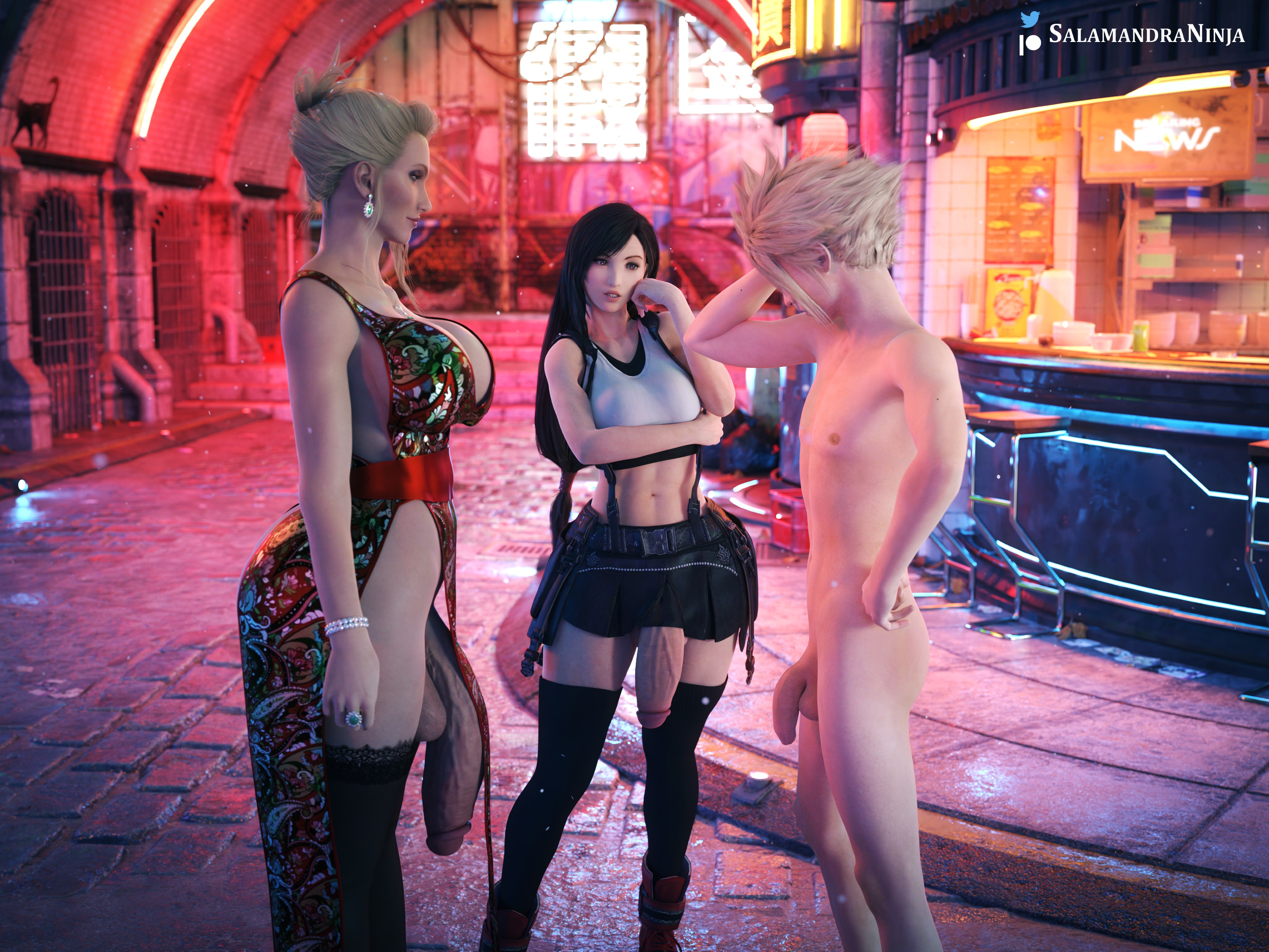 1boy, 2futas, 3d, abs, age difference, big penis, breasts, casual exposure, casual nudity, cfnm, clothed, clothed futa nude male, clothing, cloud strife, completely nude, female, femboy, final fantasy, final fantasy vii, final fantasy vii remake, futa is bigger, futa with futa, futa with male, futanari, girly, group, ineffective clothing, intersex, large penis, larger futa, light skin, light-skinned female, light-skinned femboy, light-skinned futa, light-skinned male, male, mature futa, medium breasts, mostly clothed, nude, nude male, only one naked, penis, penis out, penis size difference, penis under dress, penis under skirt, public, red dress, salamandraninja, scarlet (ffvii), size difference, small penis humiliation, smaller male, street, thighhighs, tifa lockhart, toned, toned futa, trap, twink, veiny penis