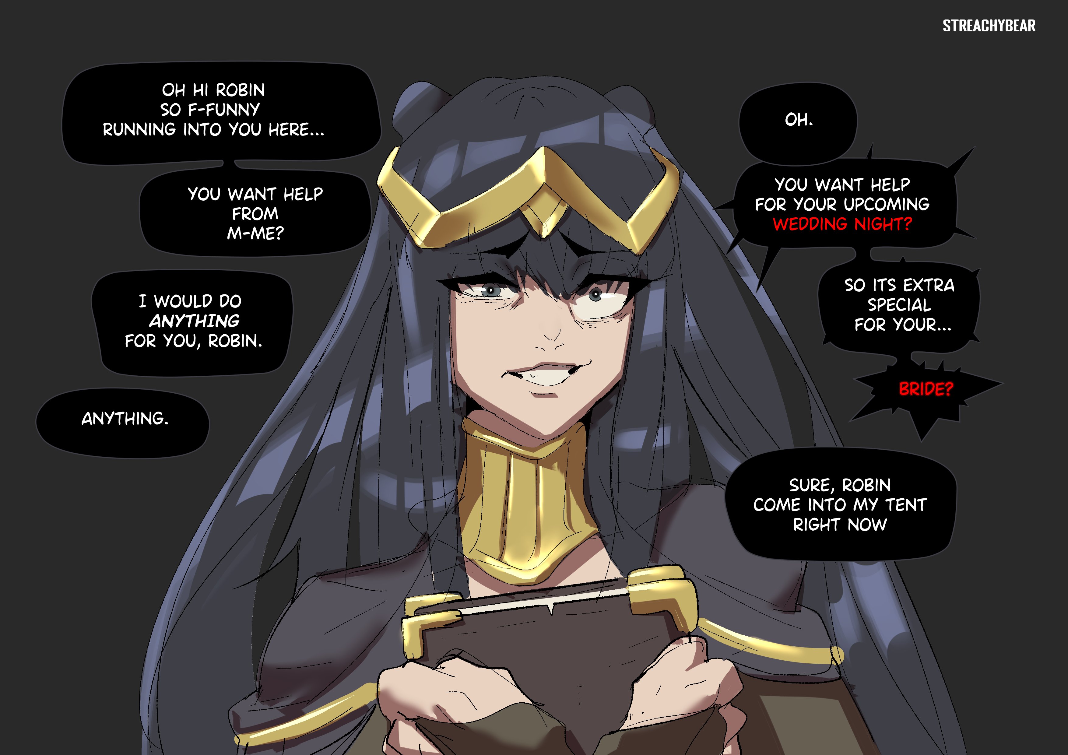 black hair, bodystocking, collar, crazy eyes, crown, different size pupils, english text, female, fire emblem, fire emblem awakening, forced smile, holding book, long hair, male, nintendo, obsessed, one eye wide open, red text, robin (fire emblem), robin (fire emblem) (male), simple background, speech bubble, streachybear, suspicious, text, text bubble, tharja (fire emblem), wedding, yandere
