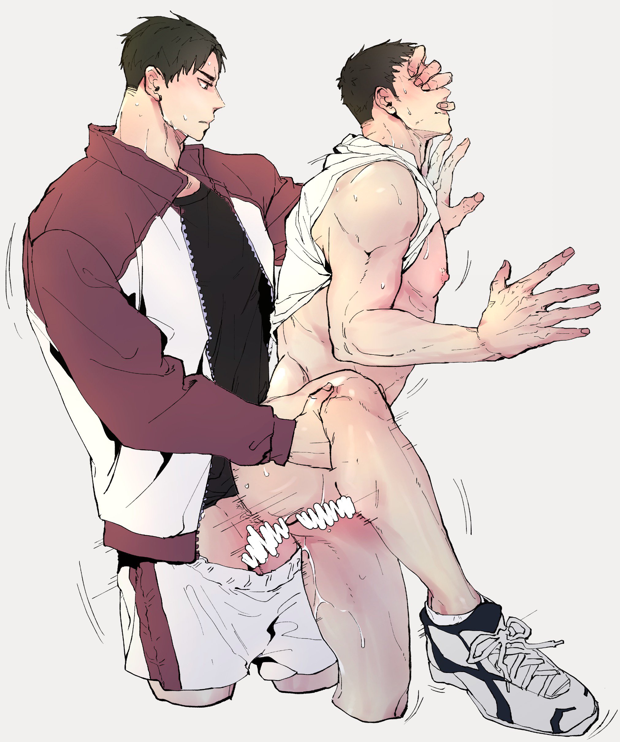against wall, gay, gay sex, haikyuu!!, lifting leg, male, male only, penetration, sawamura daichi, sports uniform, sweating, ushijima wakatoshi, yaoi