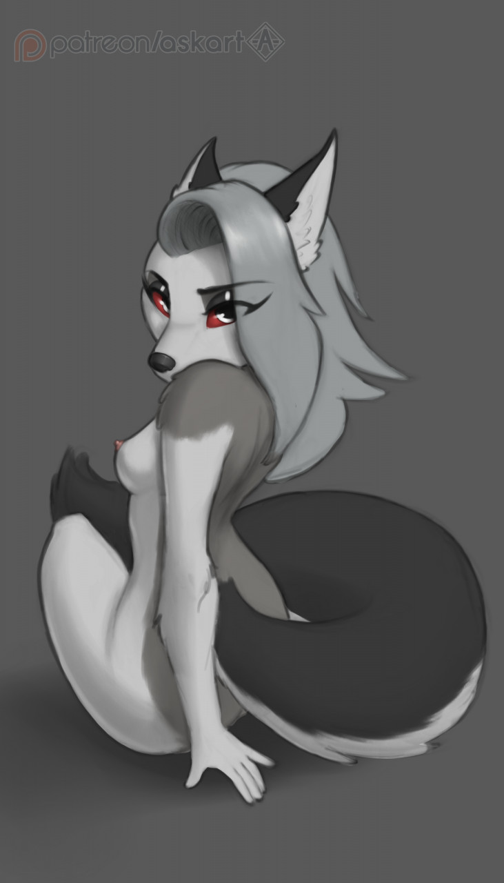 anthro askart breasts canid canine canis female fur grey_background grey_body grey_fur grey_hair hair helluva_boss hi_res long_hair looking_at_viewer looking_back loona_(helluva_boss) mammal nipples nude rear_view red_sclera simple_background sitting small_breasts solo tail_around_waist wolf yellow_eyes