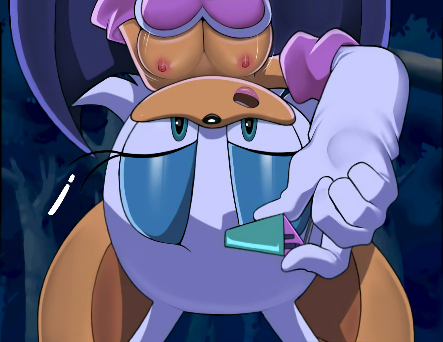 1girls, anthro, bat wings, blue eyes, breasts, breasts out, edit, eyeshadow, female, gloves, half-closed eyes, loodncrood, nipples, rouge the bat, screenshot edit, solo, sonic (series), sonic x, upper body, wings