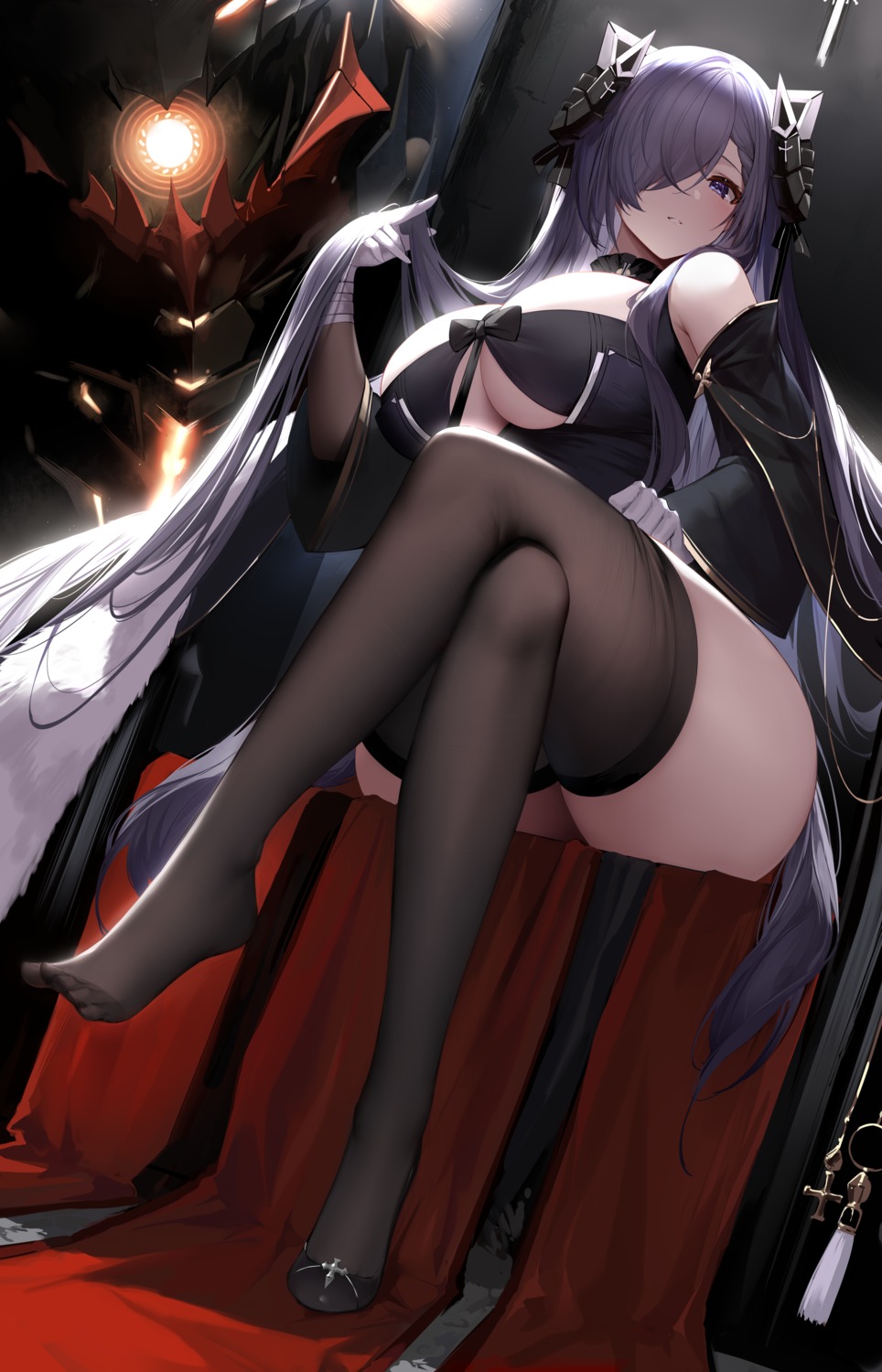 an_yasuri august_von_parseval_(azur_lane) azur_lane heels horns large_breasts long_hair sitting thick_thighs thighhighs underboob